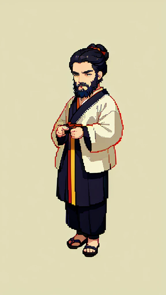 Old man in ancient Chinese costume、Wise Old Man、Looking into the camera、Hair is tied in a bun、Long sleeve、Hanfu、Black Hair、Stand and pose、Pixel art、(masterpiece, highest quality, highest quality), pixel,pixel art,whole body,Characters in Romance of the Three Kingdoms、Transform、(beard)、Short Deformation、Old man with long beard
