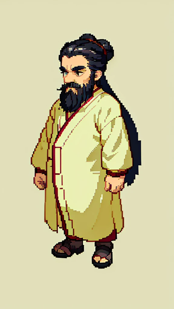 Old man in ancient Chinese costume、Wise Old Man、Looking into the camera、Hair is tied in a bun、Long sleeve、Hanfu、Black Hair、Stand and pose、Pixel art、(masterpiece, highest quality, highest quality), pixel,pixel art,whole body,Characters in Romance of the Three Kingdoms、Transform、(beard)、Short Deformation、Old man with long beard
