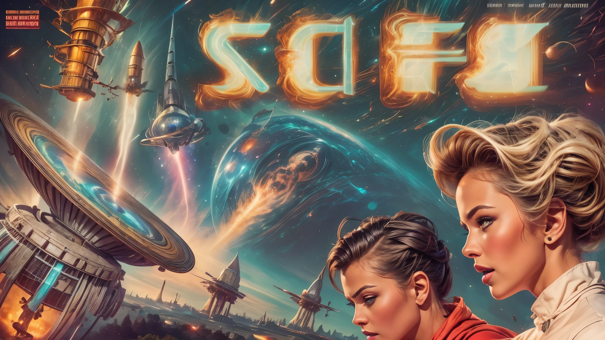 Sci-fi magazine cover by Lou Cameron, beautiful woman, outer spaces, planets, stars, rockets, flying saucers, aliens, Lazer guns, Lazer beams,