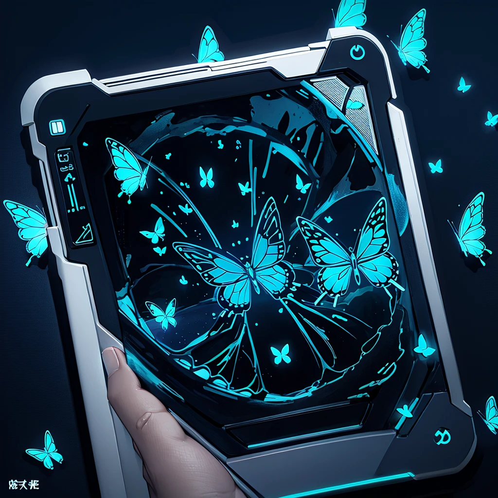 Lots of blue butterflies、Background Black、Line art、Neon Light