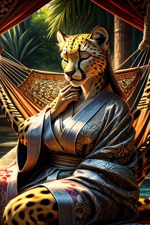 anthropology, Beast Domain, female, solitary, ((Round Face, Very plump face)), ((endomorph body type, youth)), (A little fatter:1.2), cheetah, silver pupils|golden yellow fur, Fluffyfur, Fluffy, (Elongated ears:1.5), (In the modern garden), (Sitting on the stone steps,Feet in water), Wear less clothes, No clothes on upper body,Wearing a waist belt。Surrounded by flowers and plants, (high quality, high resolution, masterpiece), (Dynamic Lighting, Vibrant colors), (happiness的, happiness, simple), (Face focus), Front view, Looking at the audience, One hand reaches in, (Dynamic poses), close up, Lovely, warm smile, Female cheetah, fat, fat belly, fat thighs, fat arms, lovehandles, big breasts, silver eyes, golden yellow fur, black cheetah markings, black dress, silver earrings, silver bracelets, silver rings, silver necklaces,