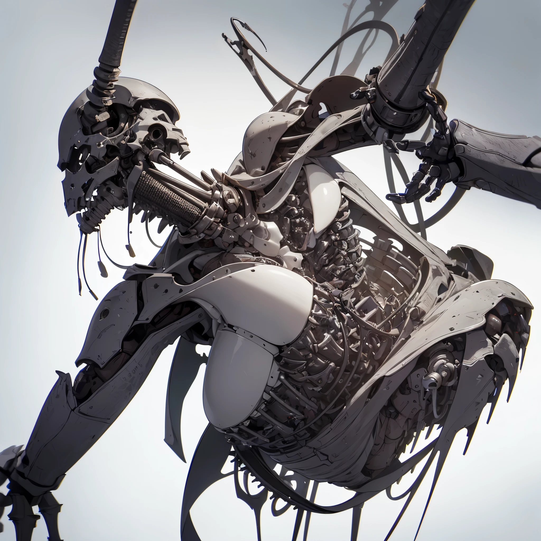 ((8K resolution))、((highest quality))、((masterpiece))、((Very detailed))((((dramatic))), (Anatomically correct)、The depth of the object to write、Looking at the camera、front、(Mechanical bones格、Mechanical boneechanical Cervical Vertebra、Long and thin、lipstick、Spit sludge from the mouth、Bloody)、spooky、an  ominous、((theme、whole body:1.1)), SF、rifle、Biomechanics、Design、White background