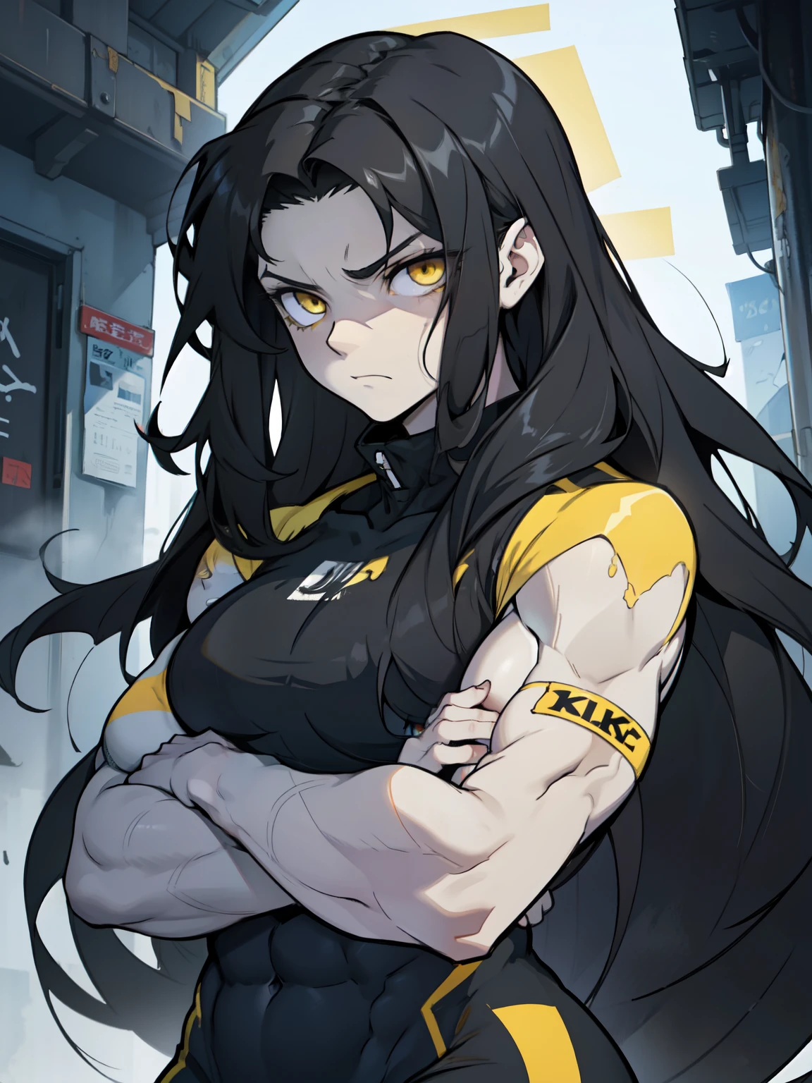 (messy hair extremely long hair black hair yellow eyes pale skin (muscular girl thick girl)) expressionless sad