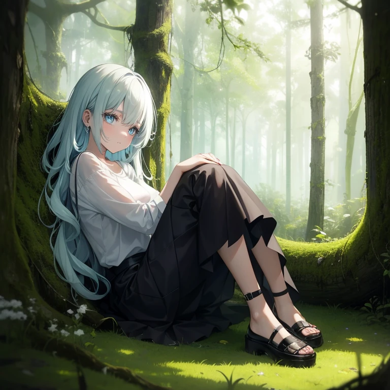 ****unger girl curled up against a fallen tree with moss on it. She has soft and faded hair with little color. She has tears in her eyes. She is wearing a big loose shirt and a long skirt. She is wearing Mary-jane shoes. She is in the fetal position leaning against the tree. She is heavily irradiated and is mutated with an extra eye and leg.