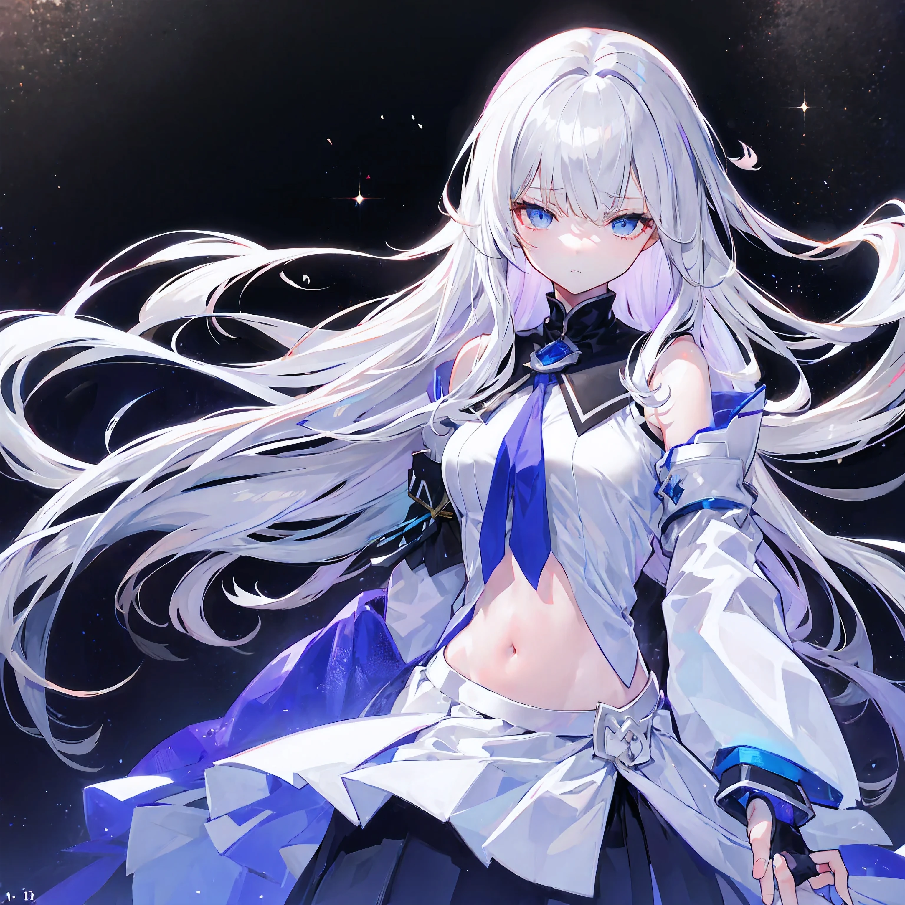 Light purple gradient hair,asymmetrical hair,((Thick hair 1.8,Clear head outline 1.6)), Shoulder-length hair, messy hair, Very long hair, shiny hair,(long gray hair:1.2),A beautiful girl,(White school uniform, Black skirt,Navel,Bare shoulders,Blue tie)(Separate sleeves,Wide sleeves),(Fingerless gloves),(Transparent clothes transparent 1.8),Perfect body,,(Looks sad,Looks haggard ,Grief,shut your mouth:1.2) With dark forest background,,Upper body photo。(avatar)