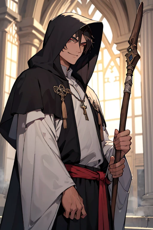 ((melhor qualidade)), ((personagem masculino)), athletic brunette, era medieval, roupas de mago. The character has dark hair, scarlet eyes and a big smile.. Also has a sacred wooden staff. Your cloak covers your head