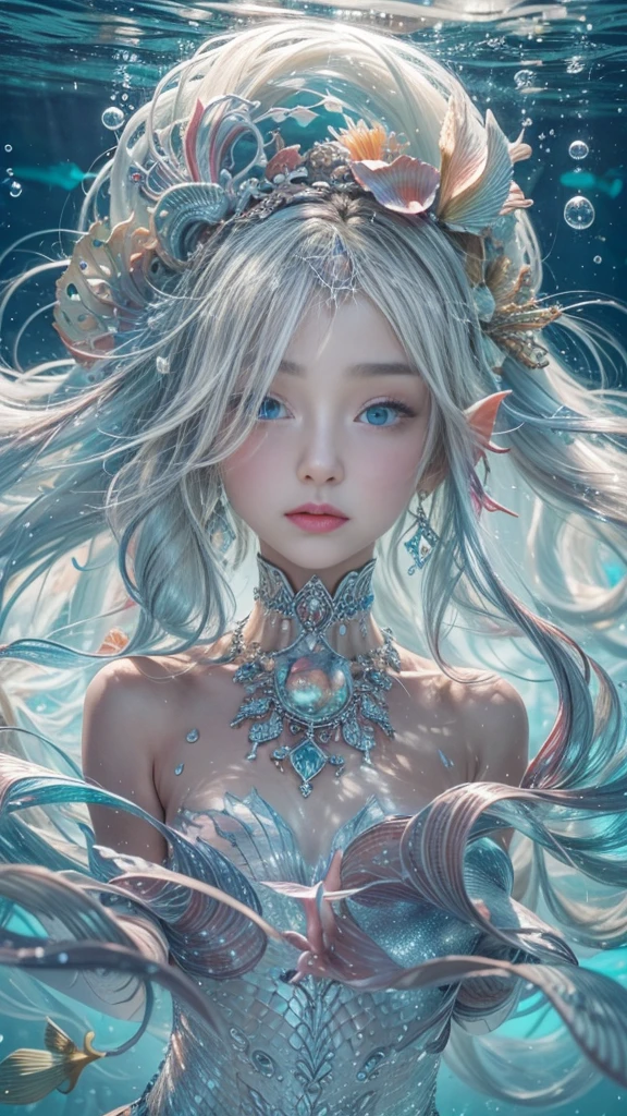(RAW shooting, 32k, highest quality, masterpiece, Ultra-high resolution), (Under the sea at night:1.0, moonlight:0.7, Mysterious underwater world:1.3, Expressions of sadness:1.0), Fractal Art:1.2, Perfect dynamic composition:1.2, Very detailedな肌と顔の質感:1.2, Beautiful shell and coral decoration, Surrounded by lots of colorful fish, Rich underwater vegetation, (Shoot from a distance:1.3, Dynamic flow of water waves:1.2, Slim mermaid figure:1.0, Shimmering Scales, Mermaid tail), Fair skin, Incredibly slim body:1.0, Very beautiful face, Water droplets on the skin, Very detailed, Gorgeous silver shiny dress portrait, Big eyes that exude beauty, Beautiful big lips, Elegant and refined, Unreal atmosphere, necklace, Earrings, bracelet