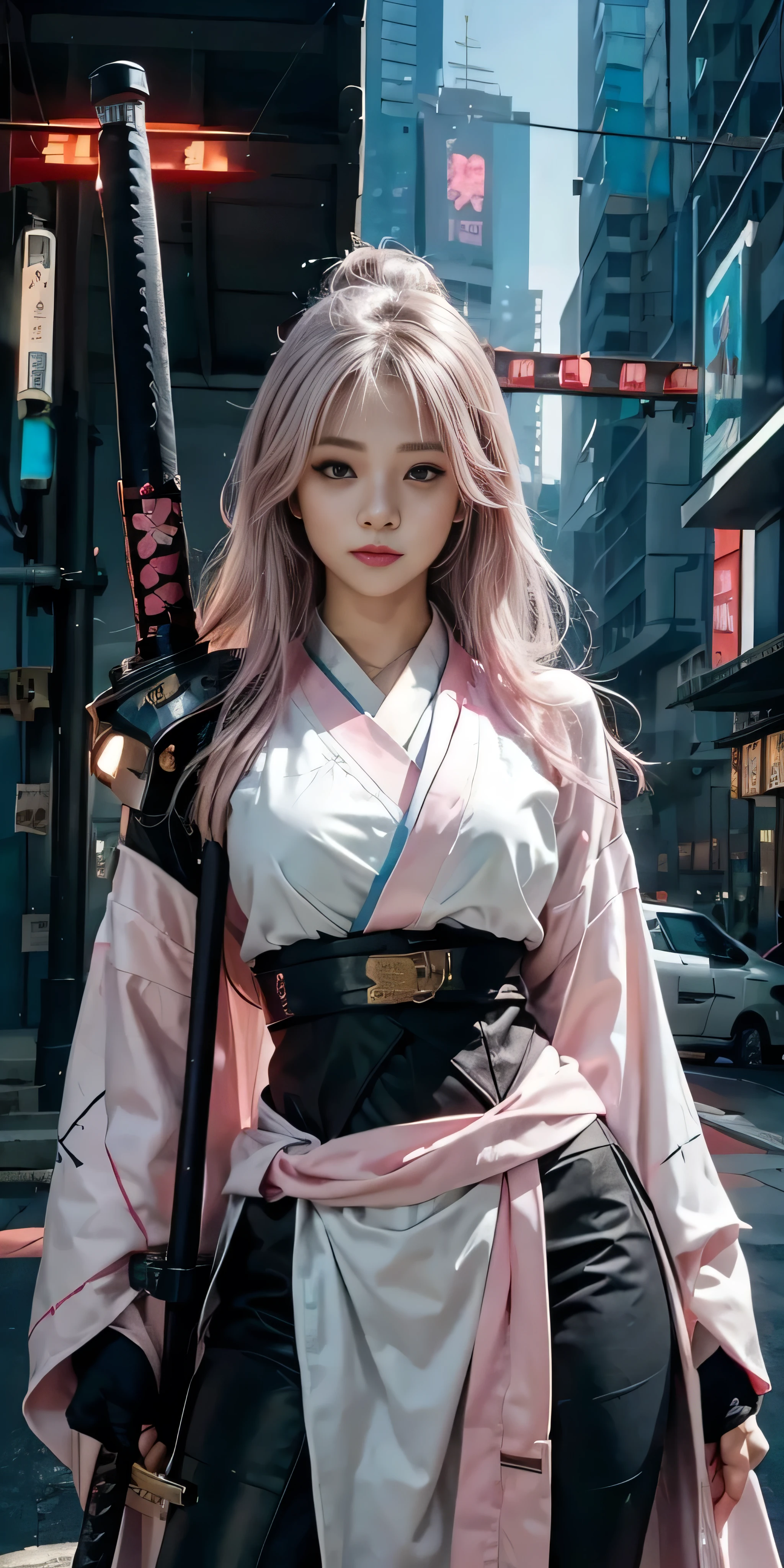 arafed woman in a pink kimono with a sword in a city, very beautiful cyberpunk samurai, anime girl cosplay, anime cosplay, anime style mixed with fujifilm, haruno sakura, anime inspired, anime girl in real life, anime style. 8k, cosplay, anime style 4 k, female cyberpunk anime girl, cyberpunk anime girl, wearing japanese techwear