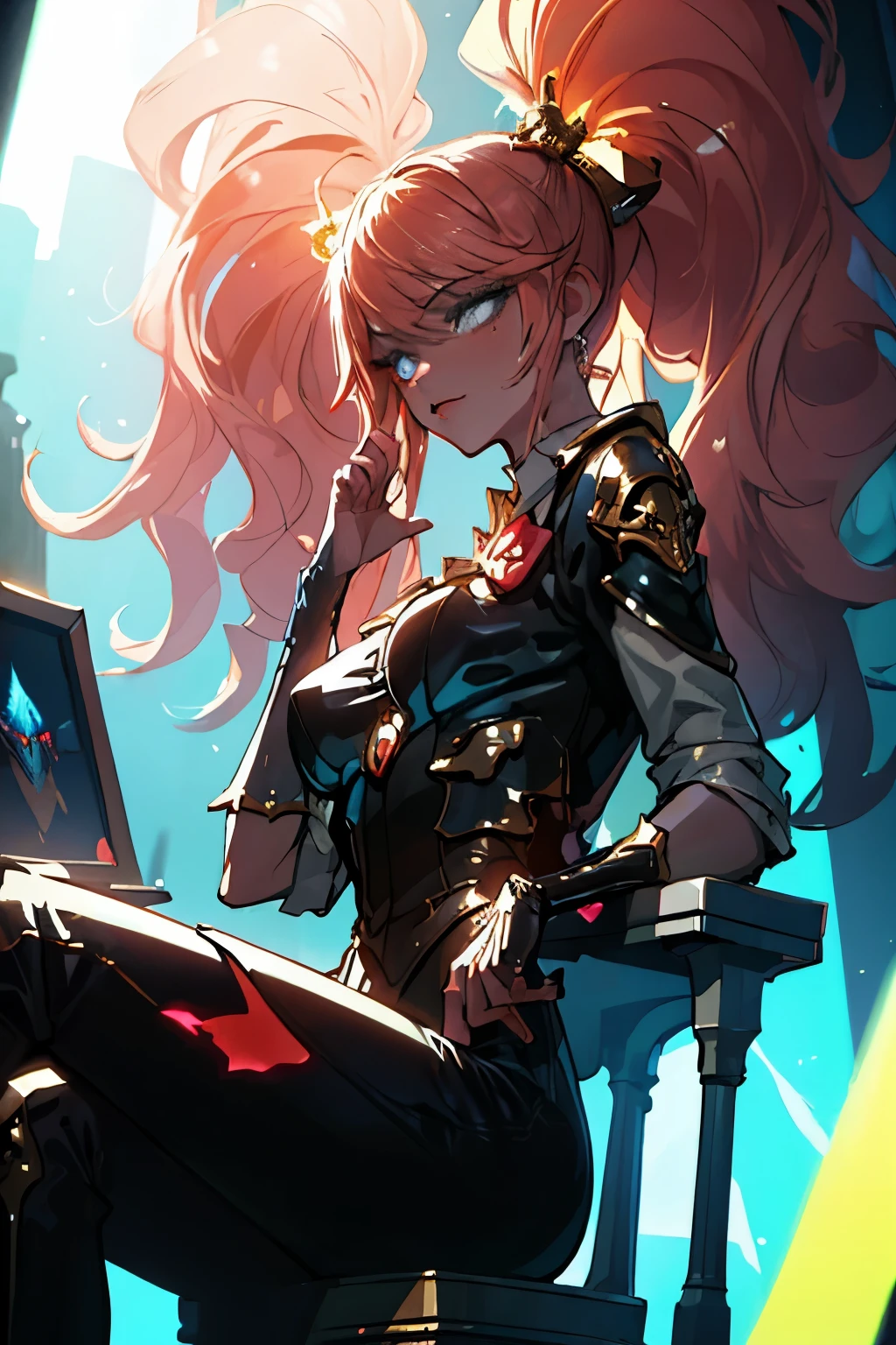 (masterpiece, best quality), 1lady, solo, masterpiece, artstation, dynamic, charming, magical, unreal engine, fantastically beautiful, illustration, dramatic lighting, rave background, neon glow, maximalist, sitting on a throne