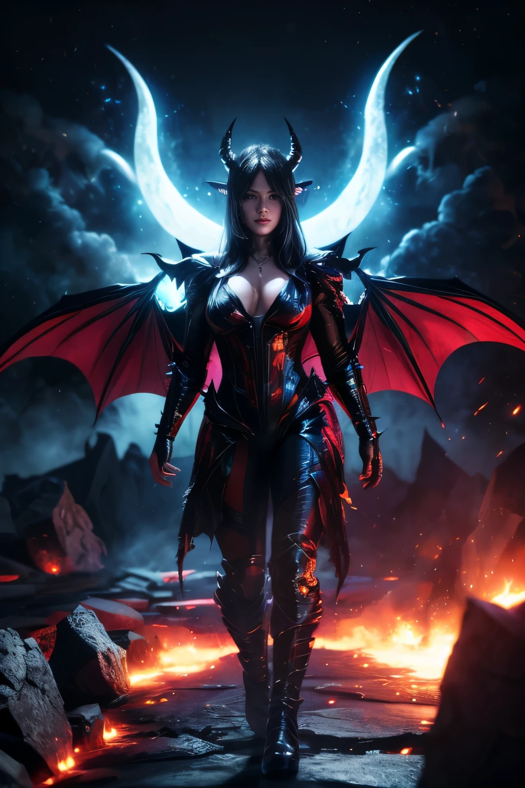 (best quality,4k,8k,highres,masterpiece:1.2),ultra-detailed,(realistic,photorealistic,photo-realistic:1.37), (girl like a bat out of hell), full body, demon Wings, flowing hair, athletic physique, dark clothes, dramatic lighting, high contrast, powerful dynamic lines, vibrant colors, fierce eyes, sharp fangs, ethereal atmosphere, intense energy, flying objects, shattered debris, swirling smoke, epic background, moonlit night, mysterious shadows
,demonictech,better_hands,hands, looking at camera