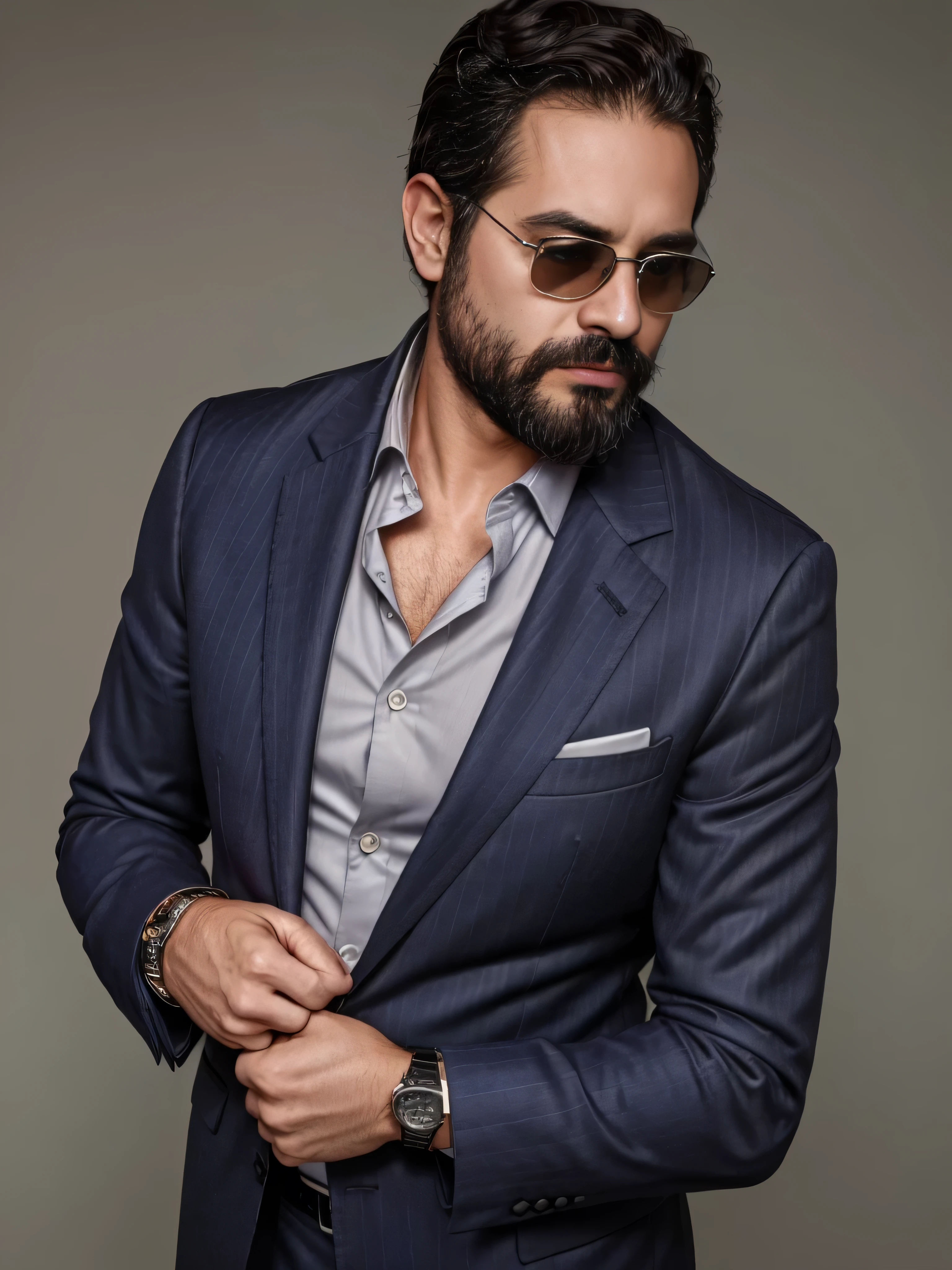 A 38-year-old man with a neatly groomed beard and stylish sunglasses. He is dressed in an elegant, tailored suit, featuring a sharp blazer and a crisp dress shirt. The blazer is a deep navy blue with subtle pinstripes, and the shirt is a classic white with a slight sheen. He wears a pocket square that matches the blazer, adding a touch of sophistication. The man is also wearing a sleek, silver wristwatch. His hair is neatly styled, complementing his overall polished look. The background is blurred to keep the focus on the man's upper body, capturing his confident and refined appearance. The image should be a medium shot, highlighting the man's upper body in great detail.