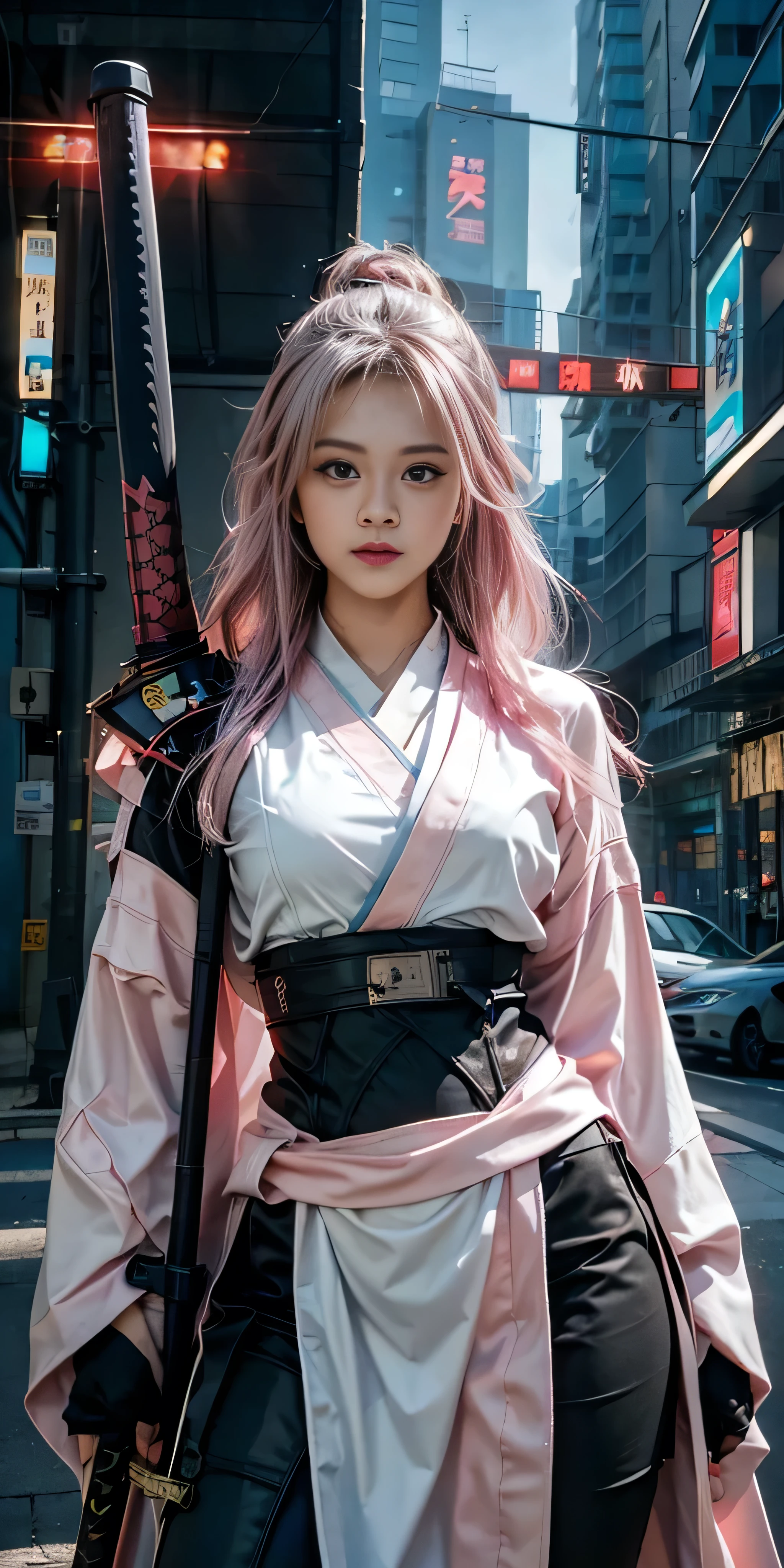 arafed woman in a pink kimono with a sword in a city, very beautiful cyberpunk samurai, anime girl cosplay, anime cosplay, anime style mixed with fujifilm, haruno sakura, anime inspired, anime girl in real life, anime style. 8k, cosplay, anime style 4 k, female cyberpunk anime girl, cyberpunk anime girl, wearing japanese techwear