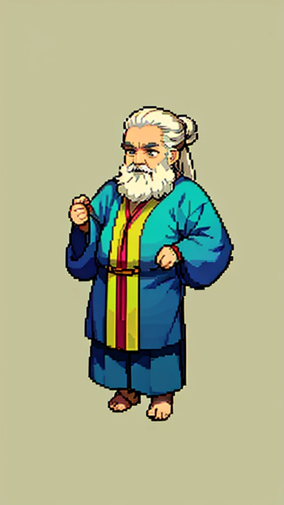 Old man in ancient Chinese costume、Wise Old Man、Looking into the camera、Hair is tied in a bun、Long sleeve、Hanfu、Black Hair、Stand and pose、Pixel art、(masterpiece, highest quality, highest quality), pixel,pixel art,whole body,Characters in Romance of the Three Kingdoms、Transform、(beard)、Short Deformation、Old man with long beard