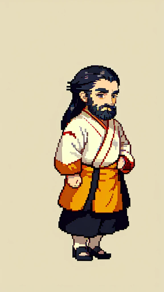 Old man in ancient Chinese costume、Wise Old Man、Looking into the camera、Hair is tied in a bun、Long sleeve、Hanfu、Black Hair、Stand and pose、Pixel art、(masterpiece, highest quality, highest quality), pixel,pixel art,whole body,Characters in Romance of the Three Kingdoms、Transform、(beard)、Short Deformation、Old man with long beard
