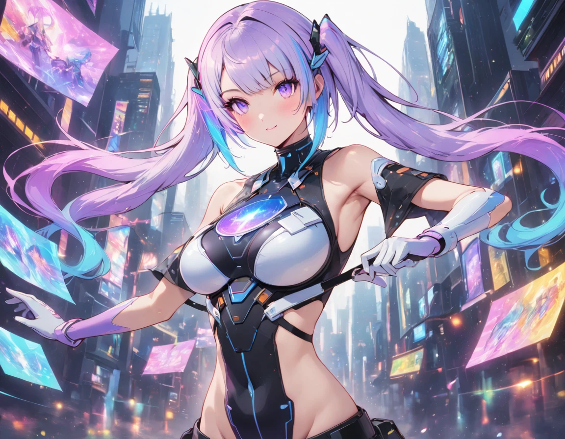 (entire body image:1.5), (extremely detailed CG unity 16k wallpaper:1.1), (Denoising strength: 1.45), (tmasterpiece:1.37), beautiful detailed eyes, colorful background, mechanical prosthesis, mecha coverage, emerging dark purple across with white hair, pig tails, disheveled hair, fluorescent purple, cool movement, rose red eyes, beatiful detailed cyberpunk city, multicolored hair, beautiful detailed glow, 1 girl, expressionless, cold expression, insanity, long bangs, long hair, lace, dynamic composition, motion, ultra - detailed, incredibly detailed, a lot of details, amazing fine details and brush strokes, smooth, hd semirealistic anime cg concept art digital painting, illustration, god rays, sparkle, glowing light, masterpiece, best quality