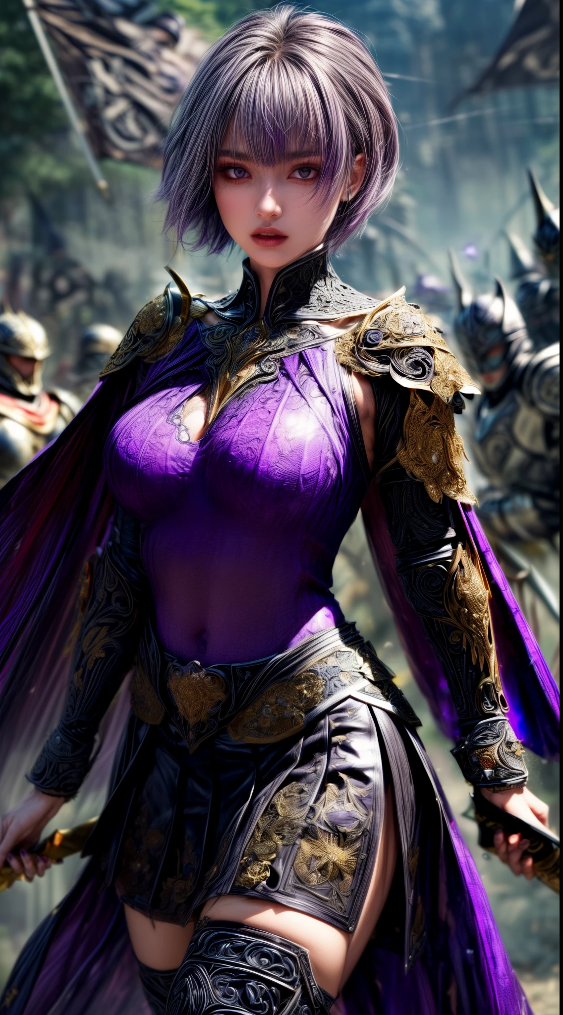 Very beautiful woman、Slender women、(Detailed face)、Realistic Skin、((Dark Knight)), (Dark purple:1.2)、((((Black armor with very fine and intricate decoration:1.5))))、((Delicate photo)),(Girl Astepeace RAW Photo Details:1.25), (highest quality:1.6), (超A high resolution:1.5), (Realistic:1.75), 8K resolution, Canon EOS R5, 50mm, Absurd, Ultra-detailed,Cinema Lighting,((battlefield))、((battle))、(((Dark grey skirt with embellishments)))、Thigh-high socks、Shin Guardulticolored Hair;1.2)、(Gradient Hair:1.2)、((Light gray hair:1.2))、((light purple hair:1.2))、((Pixie Cut:1.2))、(I can see your ripped abs)、Cape、Beautiful Armor、(((Has a huge weapon)))、(In combat)、((Armor with a bizarre and ugly design:1.5))、((((fog))))、(((Leading a large group of knights:1.2)))、Purple military flag、Tarantula-inspired armor、(((Battle Scene)))、(((Purple Tarantula)))、((Dark circles under the eyes))、((eye shadow))、((action))