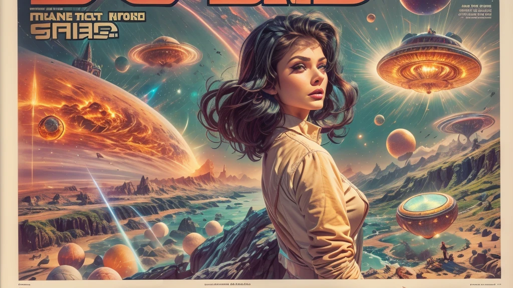 Sci-fi magazine cover by Lou Cameron, outer spaces, planets, stars, rockets, flying saucers, aliens, Lazer guns, Lazer beams, (beautiful woman),