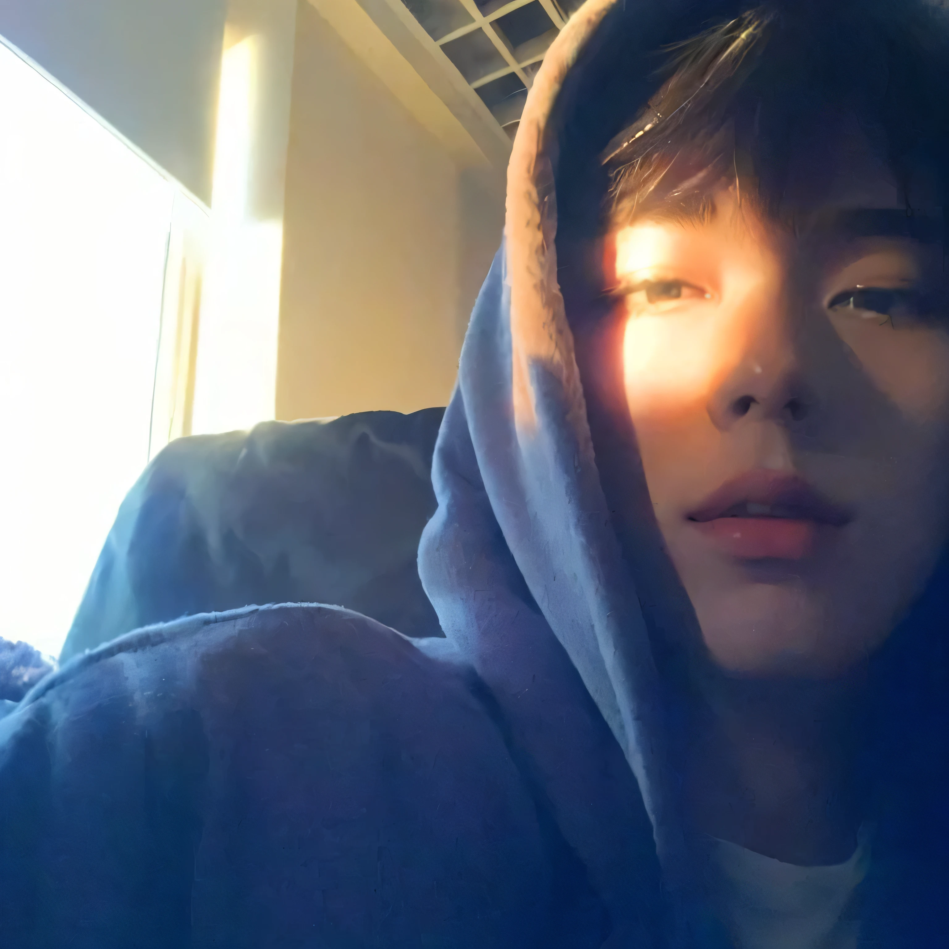 arafed man em um moletom sitting on a couch with a cell phone, imagem de perfilture 1024px, sol brilhando sobre ele, em um moletom, pintar ulzzang, headshot imagem de perfilture, imagem de perfil, Kim Doyoung, good afternoon lighting, Jung Jaehyun, imagem de perfilture, capuz e sombras cobrindo o rosto, adorable and pale korean face