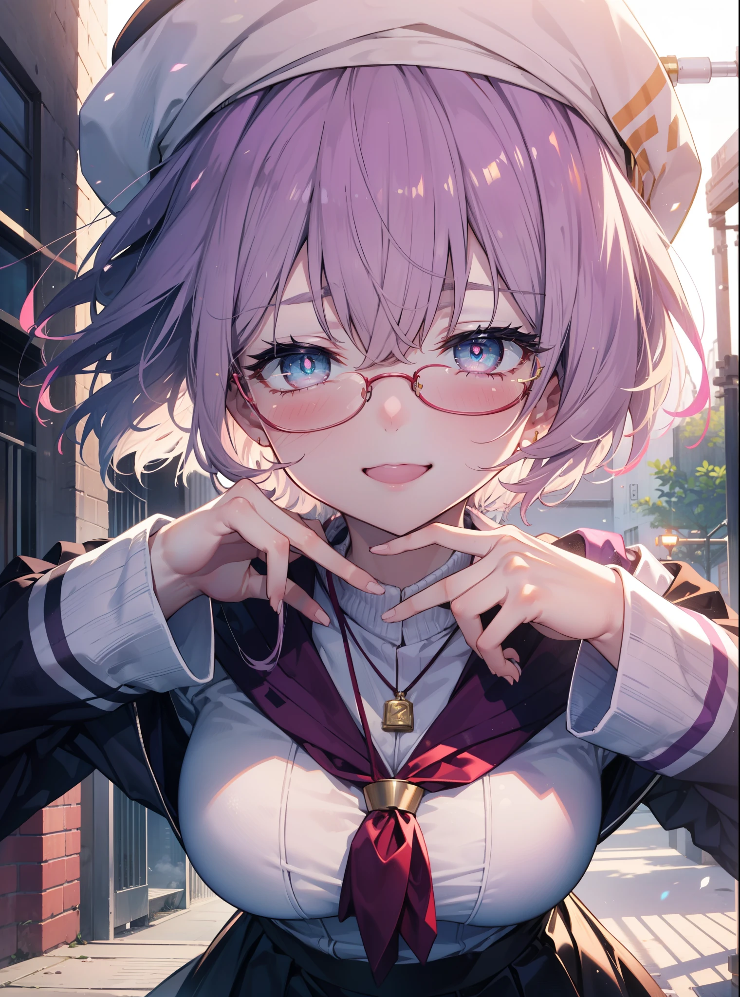 akaneshinjou, shinjou akane, Light purple hair, (Pink Eyes:1.2), short hair,Akagi glasses,hair band,Rocket Pendant,White Breath,Big Breasts,Purple Coat,White Sweater,happy smile, smile, Open your mouth,Black long skirt,Red muffler,Knitted hat,put one's hands in one's coat pockets,Daytime,cloudy,snow,snowが降り積もっている,whole bodyがイラストに入るように,Looking up from below,
break looking at viewer,whole body, break outdoors 森, nature, break (masterpiece:1.2), highest quality, High resolution, unity 8k wallpaper, (shape:0.8), (Beautiful and beautiful eyes:1.6), Highly detailed face, Perfect lighting, Highly detailed CG, (Perfect hands, Perfect Anatomy),