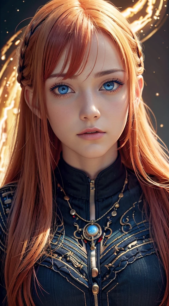 Best quality, 4K, high resolution, Masterpiece:1.2, super ultra detail, (Realistic, Photorealistic, photo-realistic:1.37), vibrant, Red and blue heterochromic eyes,Strong gaze,Mesmerizing eye contact,Fire-red iris,Dark blue shining stars,Shining pupils,Vivid colors,Portrait,Fantasy art,Magical red light,Ethereal beauty,Red color palette,Long yellow hair.