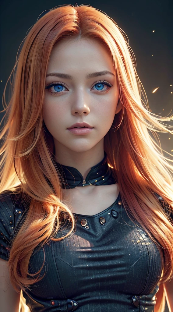 Best quality, 4K, high resolution, Masterpiece:1.2, super ultra detail, (Realistic, Photorealistic, photo-realistic:1.37), vibrant, Red and blue heterochromic eyes，Strong gaze，Mesmerizing eye contact，Fire-red iris，Dark blue shining stars，Shining pupils，Vivid colors，Portrait，Fantasy art，Magical red light，Ethereal beauty，Red color palette，Long yellow hair. 