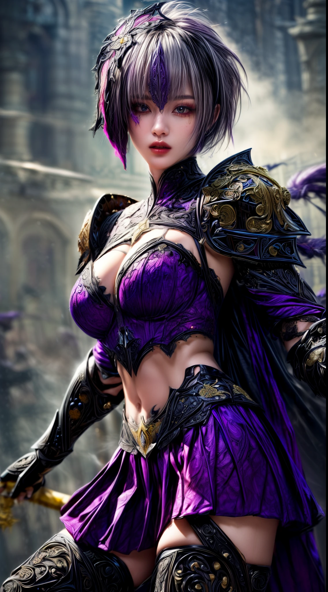 Very beautiful woman、Slender women、(Detailed face)、Realistic Skin、((Dark Knight)), (Dark purple:1.2)、((((Black armor with very fine and intricate decoration:1.5))))、((Delicate photo))，(Girl Astepeace RAW Photo Details:1.25), (highest quality:1.6), (超A high resolution:1.5), (Realistic:1.75), 8K resolution, Canon EOS R5, 50mm, Absurd, Ultra-detailed,Cinema Lighting,((battlefield))、((battle))、(((Dark grey skirt with embellishments)))、Thigh-high socks、Shin Guardulticolored Hair;1.2)、(Gradient Hair:1.2)、((Light gray hair:1.2))、((light purple hair:1.2))、((Pixie Cut:1.2))、(I can see your ripped abs)、Cape、Beautiful Armor、(((Has a huge weapon)))、(In combat)、((Armor with a bizarre and ugly design))、((((Purple Mist))))、(((Leading a large group of knights:1.2)))、Purple military flag、Tarantula-inspired armor、(((Battle Scene)))、(((Purple Tarantula)))、((Dark circles under the eyes))、((eye shadow))