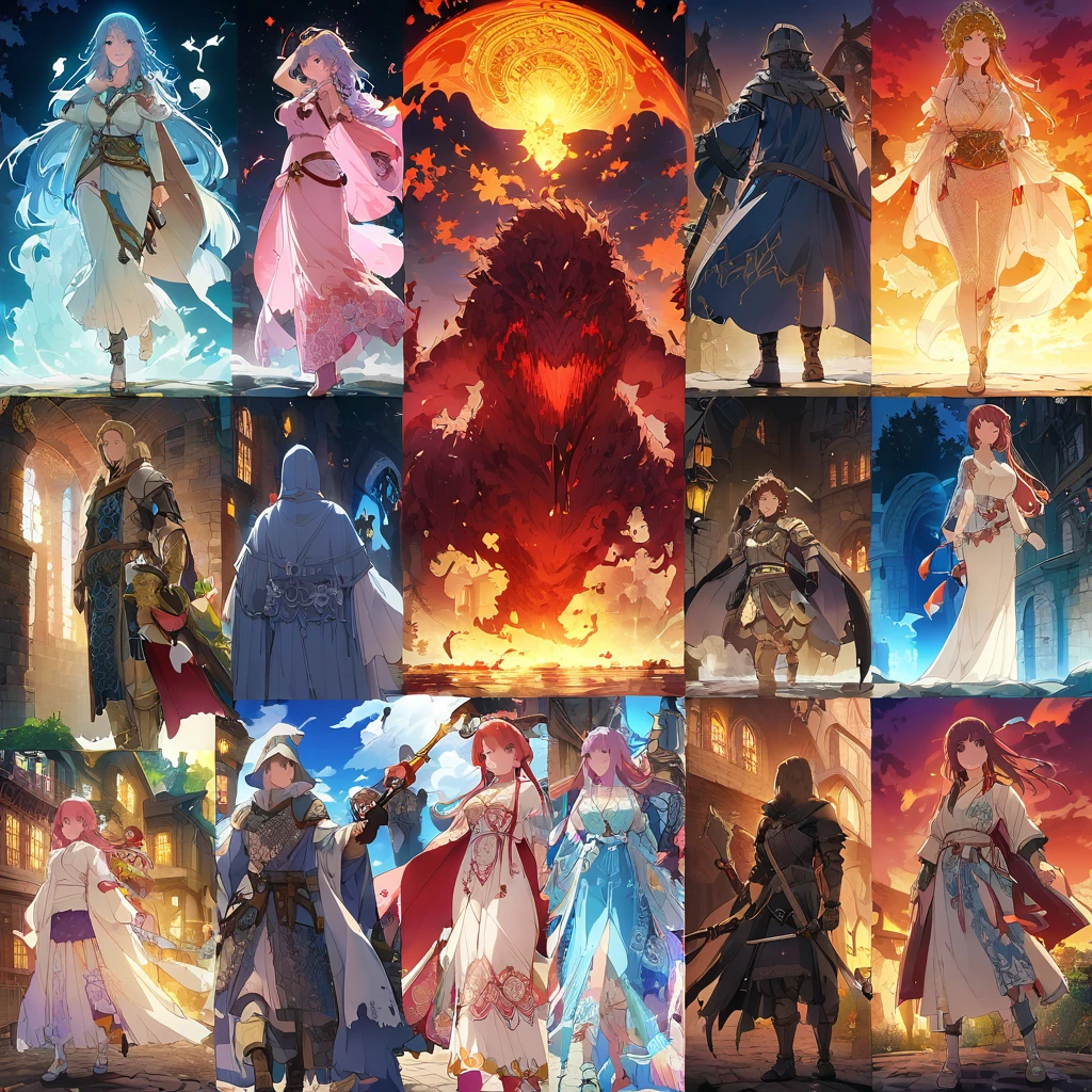 highest quality, masterpiece, Highly detailed background, Anime character introduction chart, All shots taken from behind the camera, 登場people物people数４people, Apparition, Ghost, monster, Demihuman, Fantasy Anime, Medieval Stories, Intricate designs and patterns in the style of Mucha, From below。