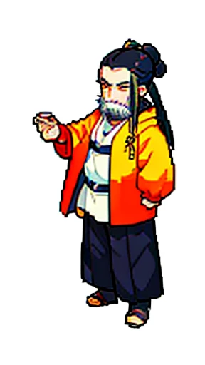 Old man in ancient Chinese costume、Wise Old Man、Looking into the camera、Hair is in a bun topknot、Long sleeve、Hanfu、Black Hair、Stand and pose、Pixel art、(masterpiece, highest quality, highest quality), pixel,pixel art,whole body,Characters in Romance of the Three Kingdoms、Transform、(beard)、Short Deformation、Old man with long beard
