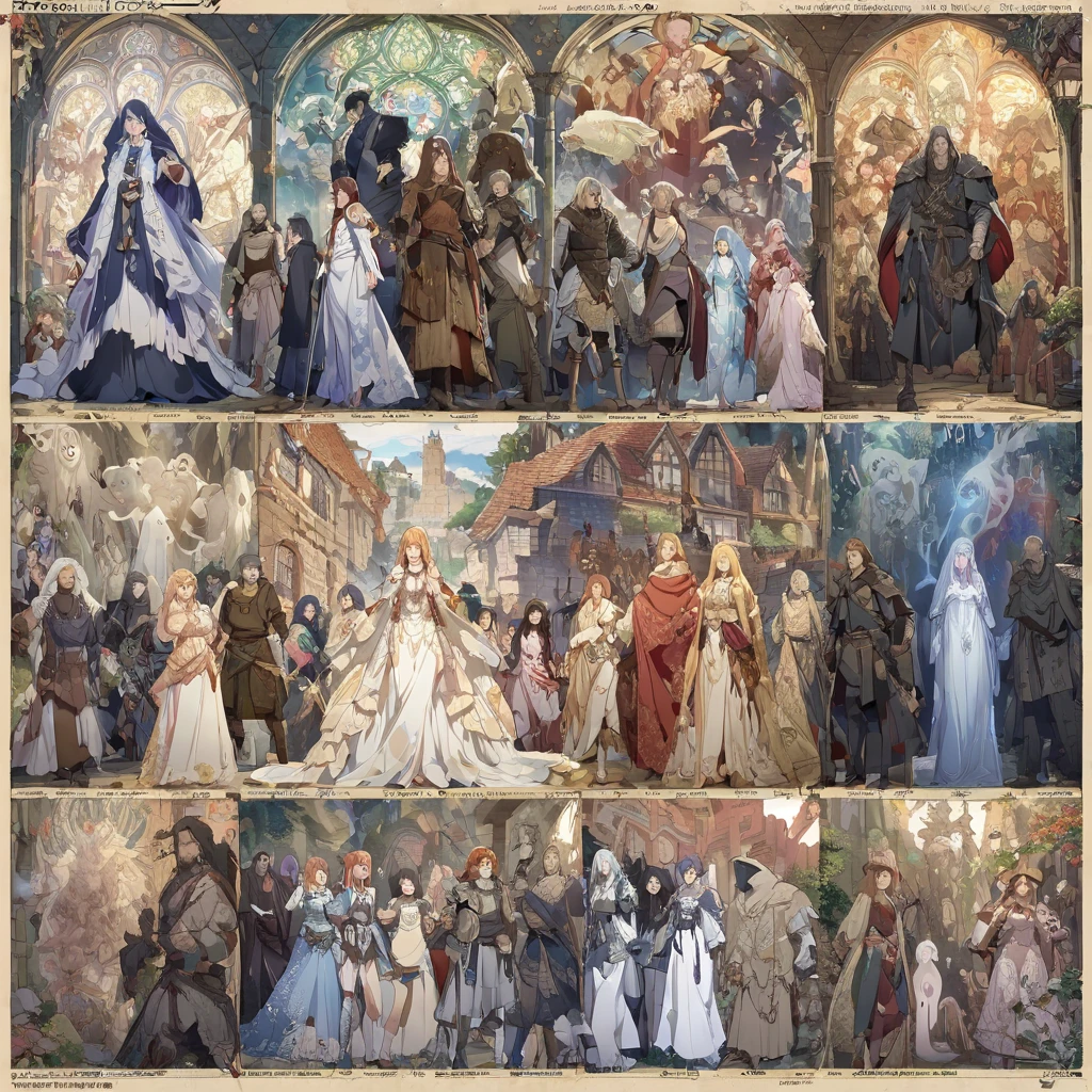 highest quality, masterpiece, Highly detailed background, Anime character introduction chart, All shots taken from behind the camera, 登場people物people数４people, Apparition, Ghost, monster, Demihuman, Fantasy Anime, Medieval Stories, Intricate designs and patterns in the style of Mucha, From below。