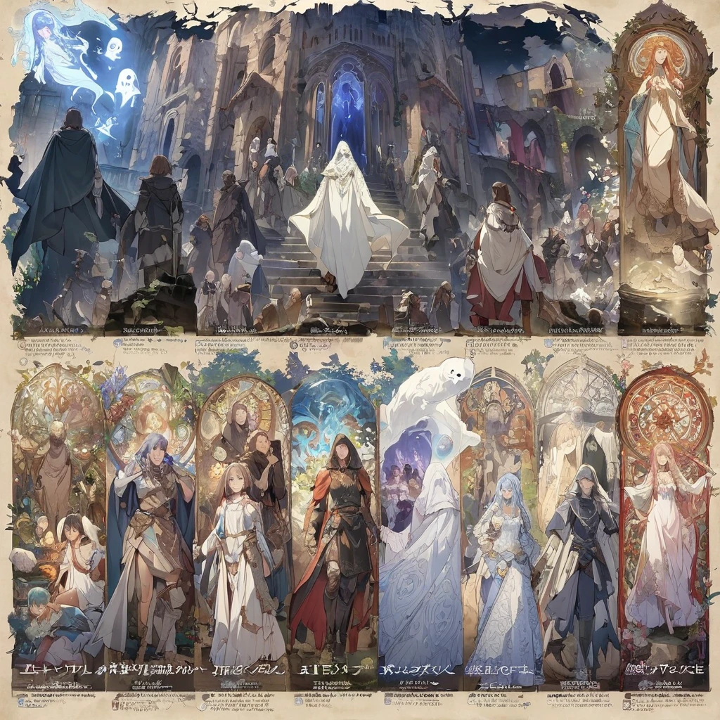 highest quality, masterpiece, Highly detailed background, Anime character introduction chart, All shots taken from behind the camera, 登場people物people数４people, Apparition, Ghost, monster, Demihuman, Fantasy Anime, Medieval Stories, Intricate designs and patterns in the style of Mucha, From below。