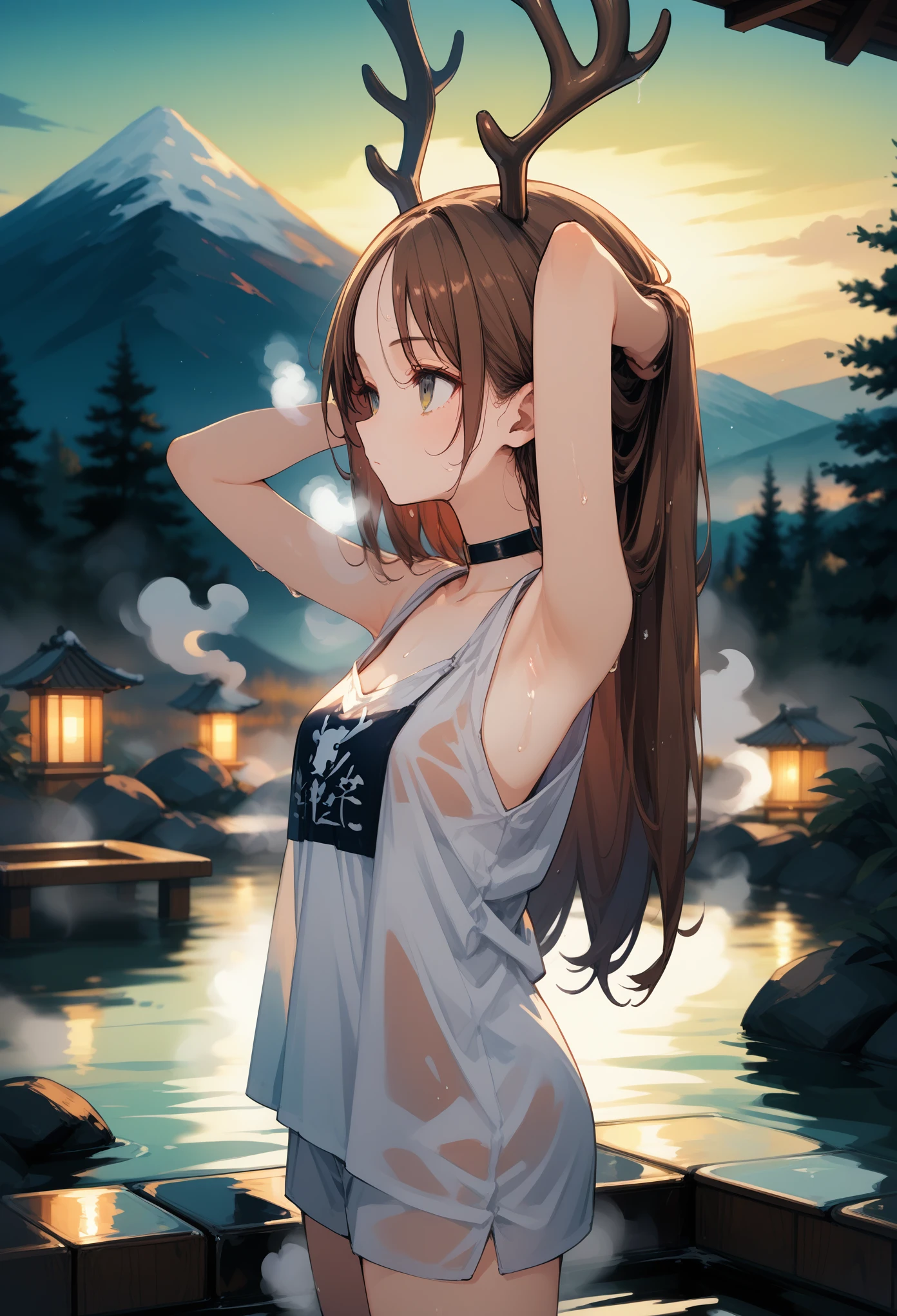 (score_10,score_9_up,score_8_up), hadrian,very strong contrast, dramatic Lighting,very high detailed,very gorgeous and complicated background,8k,4k,highres, a skinny girl,antlers,looking to the side,night,parted bangs,very long hair,cowboy shot,collarbone,wet silky brown hair,eyes,deer_ears, choker,mountain, expressionless, onsen,hotspring,steaming body, fog,blurry foreground, shirt, wet,arms behind head, armpits, from side
