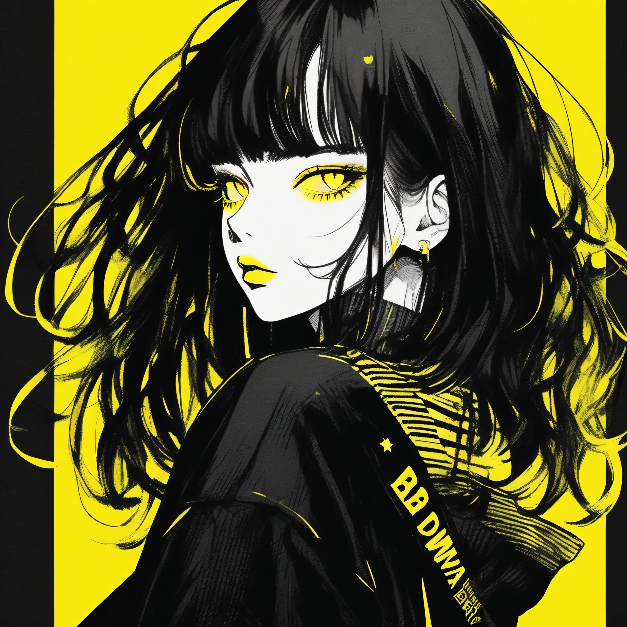 (highest quality, sketch:1.2), Dark monochrome background, anime,Illustrator,anime,1 girl, Detailed lips,sweater,custom,background completely black, Neon Hair,Texture Cropping,Canadian, masterpiece, Style: Retro Classic, Dark Black, art, sketch book, (Bob hair yellow:1.35, black:1.55), bad woman 、Yellow Background