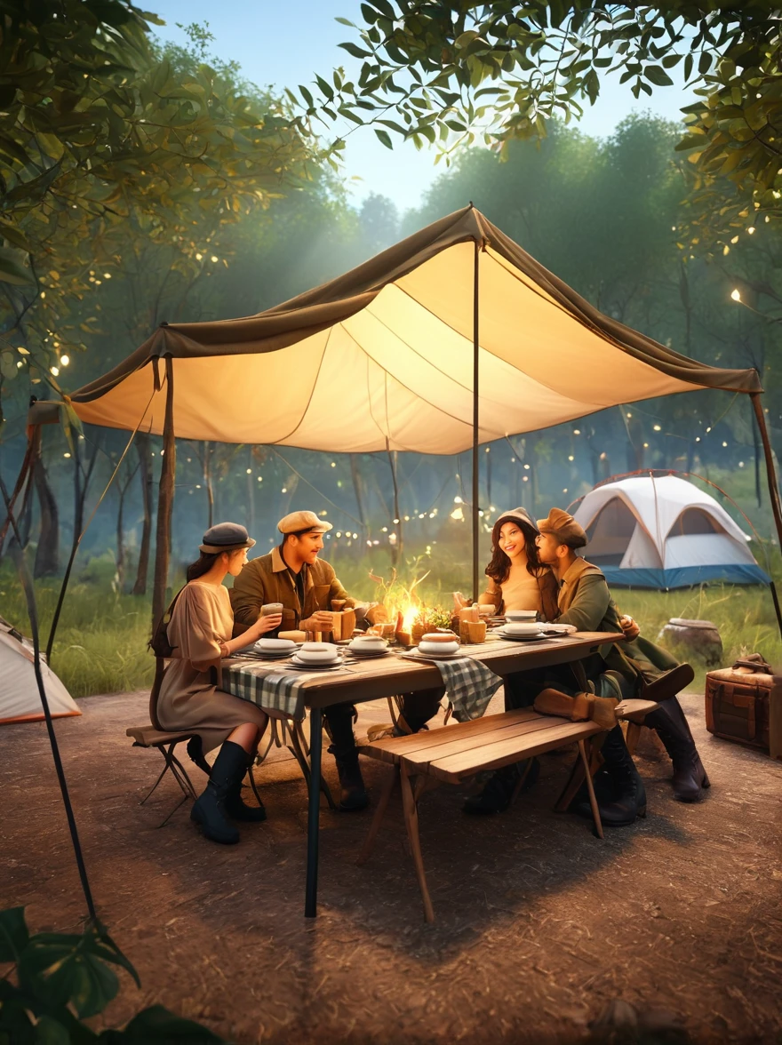 photography，Fresh air，Dense leaves above the screen，画面下方tent，dining table，light，Camping scene，Light Effect，Detailed depiction，Grand scene，(Couples:1.6)，Embrace，(tent:1.5)，Berets，boots，Off-shoulder dress，Tea Steam，(tent焦点:1.5), Unreal Engine