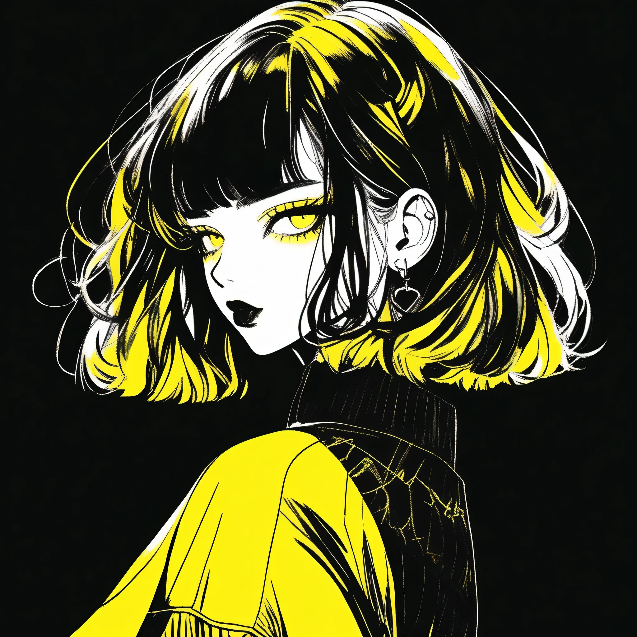 (highest quality, sketch:1.2), Dark monochrome background, anime,Illustrator,anime,1 girl, Detailed lips,sweater,custom,background completely black, Neon Hair,Texture Cropping,Canadian, masterpiece, Style: Retro Classic, Dark Black, art, sketch book, (Bob hair yellow:1.35, black:1.55), bad woman 、Yellow Background