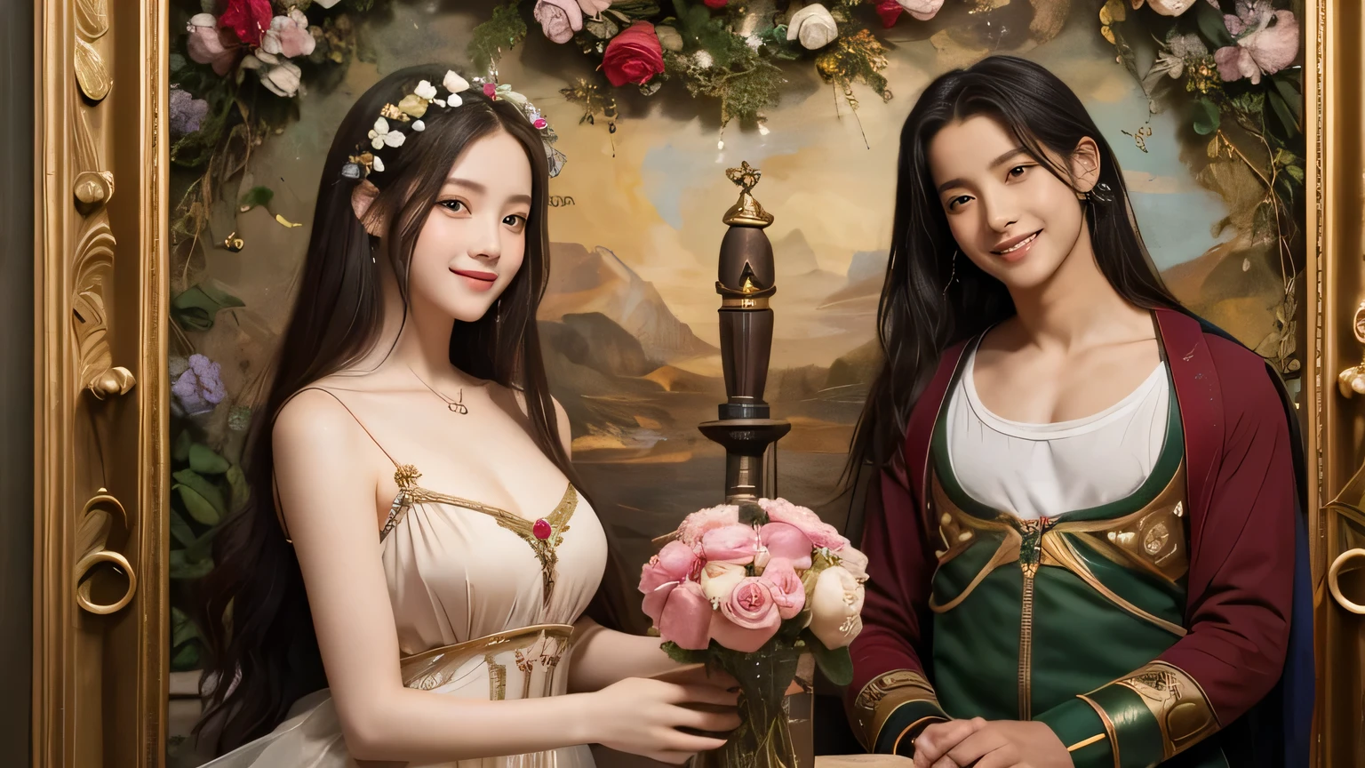 Giorgione painting style,Arguments of two female Philosophe,math、astronomical machine、astronaut、roses in vase、fruits、Cute trinkets、smile、ancient greek costume、Background is a forest lake at night 、Clothes that stretch your shoulders、A big smile、beautiful bare skin、A detailed representation of the seducing woman throughout her body.
