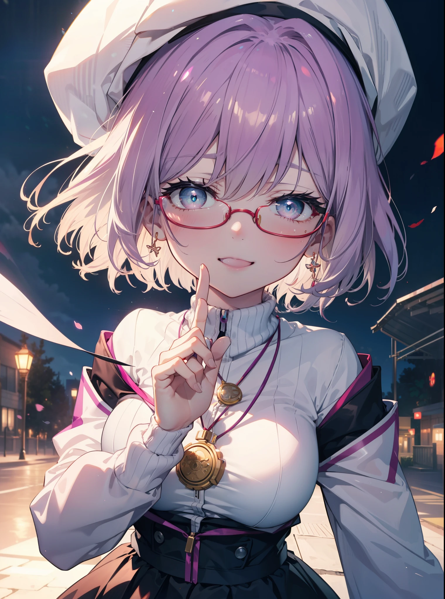 akaneshinjou, shinjou akane, Light purple hair, (Pink Eyes:1.2), short hair,Akagi glasses,hair band,Rocket Pendant,White Breath,Big Breasts,Purple Coat,White Sweater,happy smile, smile, Open your mouth,Black long skirt,Red muffler,Knitted hat,put one&#39;s hands in one&#39;s coat pockets,Daytime,cloudy,snow,snowが降り積もっている,whole bodyがイラストに入るように,Looking up from below,
 break looking at viewer,whole body,               　　　　　　　 break outdoors 森, nature, 　　　　　　　　　　　break (masterpiece:1.2), highest quality, High resolution, unity 8k wallpaper, (shape:0.8), (Beautiful and beautiful eyes:1.6), Highly detailed face, Perfect lighting, Highly detailed CG, (Perfect hands, Perfect Anatomy),