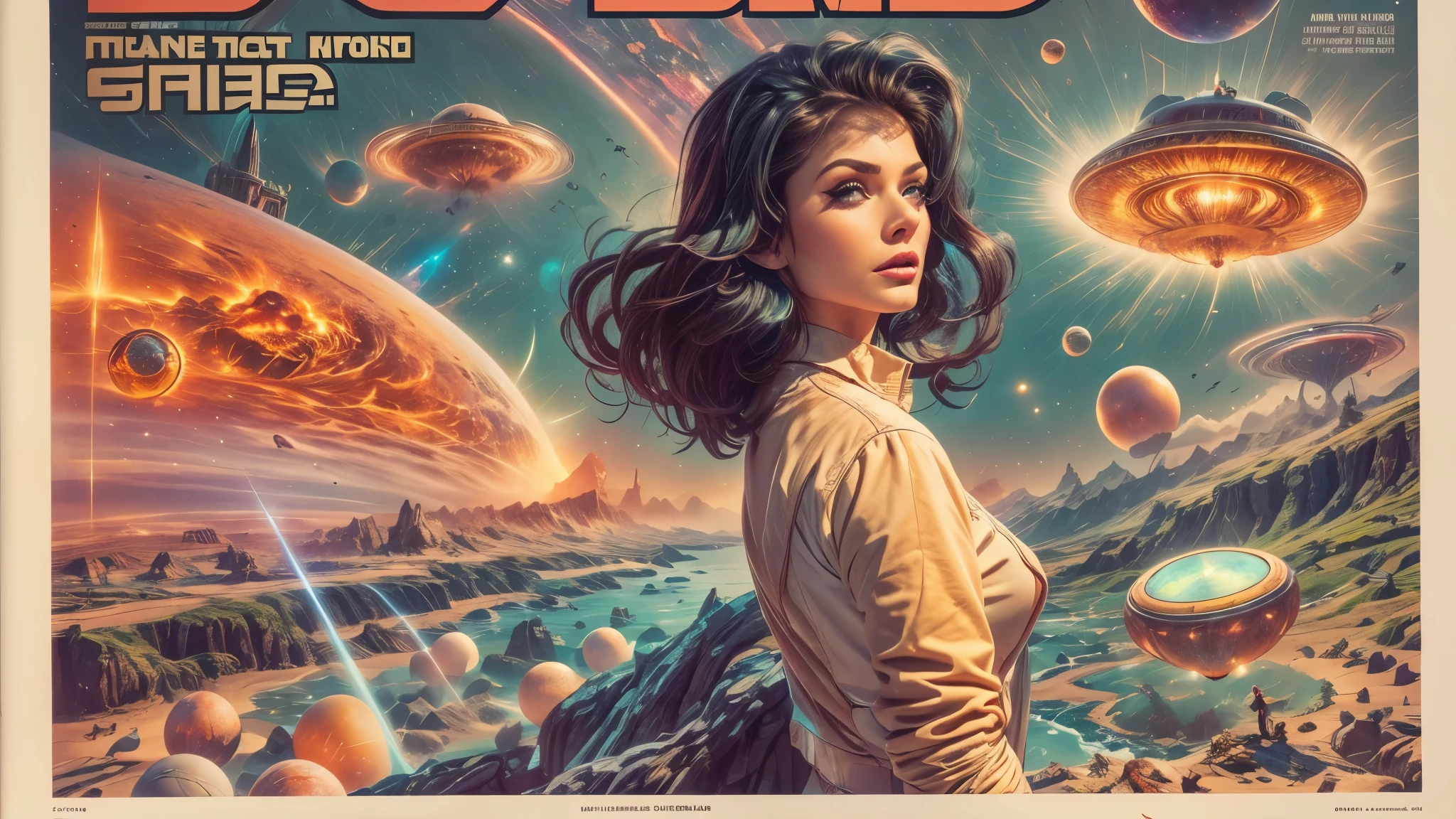 Sci-fi magazine cover by Lou Cameron, outer spaces, planets, stars, rockets, flying saucers, aliens, Lazer guns, Lazer beams, (beautiful woman),