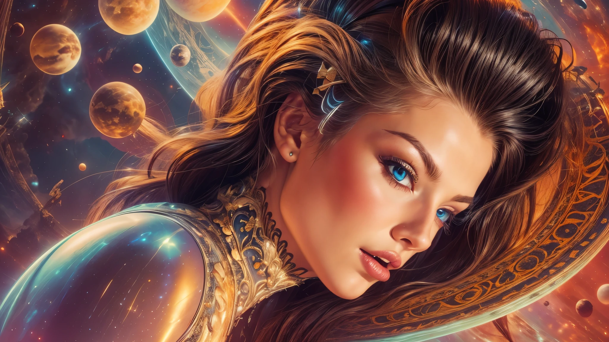 Sci-fi magazine cover by Lou Cameron, outer spaces, planets, stars, rockets, flying saucers, aliens, Lazer guns, Lazer beams, (beautiful woman),