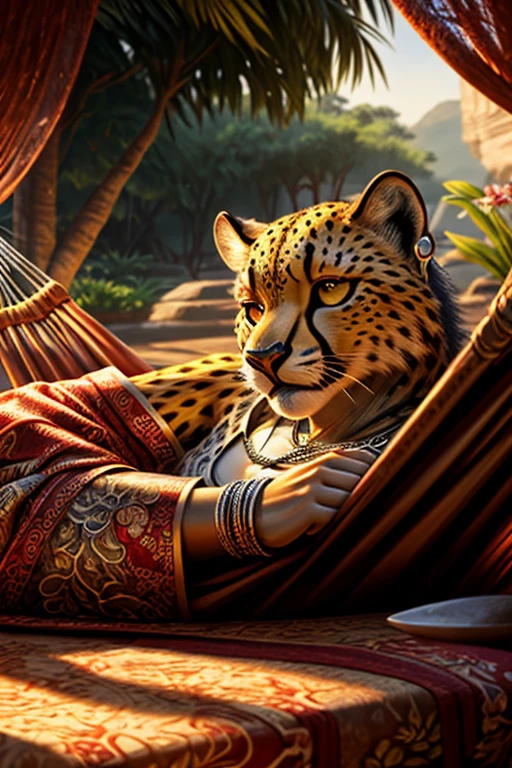 fat female cheetah, hammock, kimono, silver bracelets, silver necklace, silver earrings, detailed face, detailed eyes, detailed nose, detailed lips, laying cheetah, realistic, photorealistic, ultra-detailed, 8k, best quality, masterpiece, cinematic lighting, dynamic composition, warm color palette, glowing fur, intricate patterns, flowing fabric
