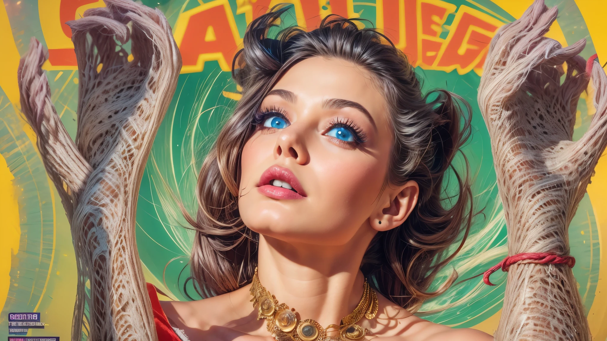 Sci-fi magazine cover by Lou Cameron, outer spaces, planets, stars, rockets, flying saucers, aliens, Lazer guns, Lazer beams, (beautiful woman, detailed hands, detailed eyes, worried expression),