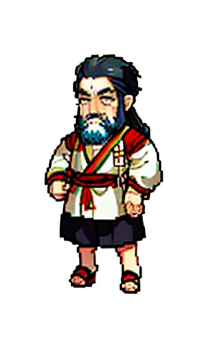 Old man in ancient Chinese costume、Wise Old Man、Looking into the camera、Hair is in a bun topknot、Only one topknot、Long sleeve、Hanfu、Black Hair、Stand and pose、Pixel art、(masterpiece, highest quality, highest quality), pixel,pixel art,whole body,Characters in Romance of the Three Kingdoms、Transform、(beard)、Short Deformation、Old man with long beard