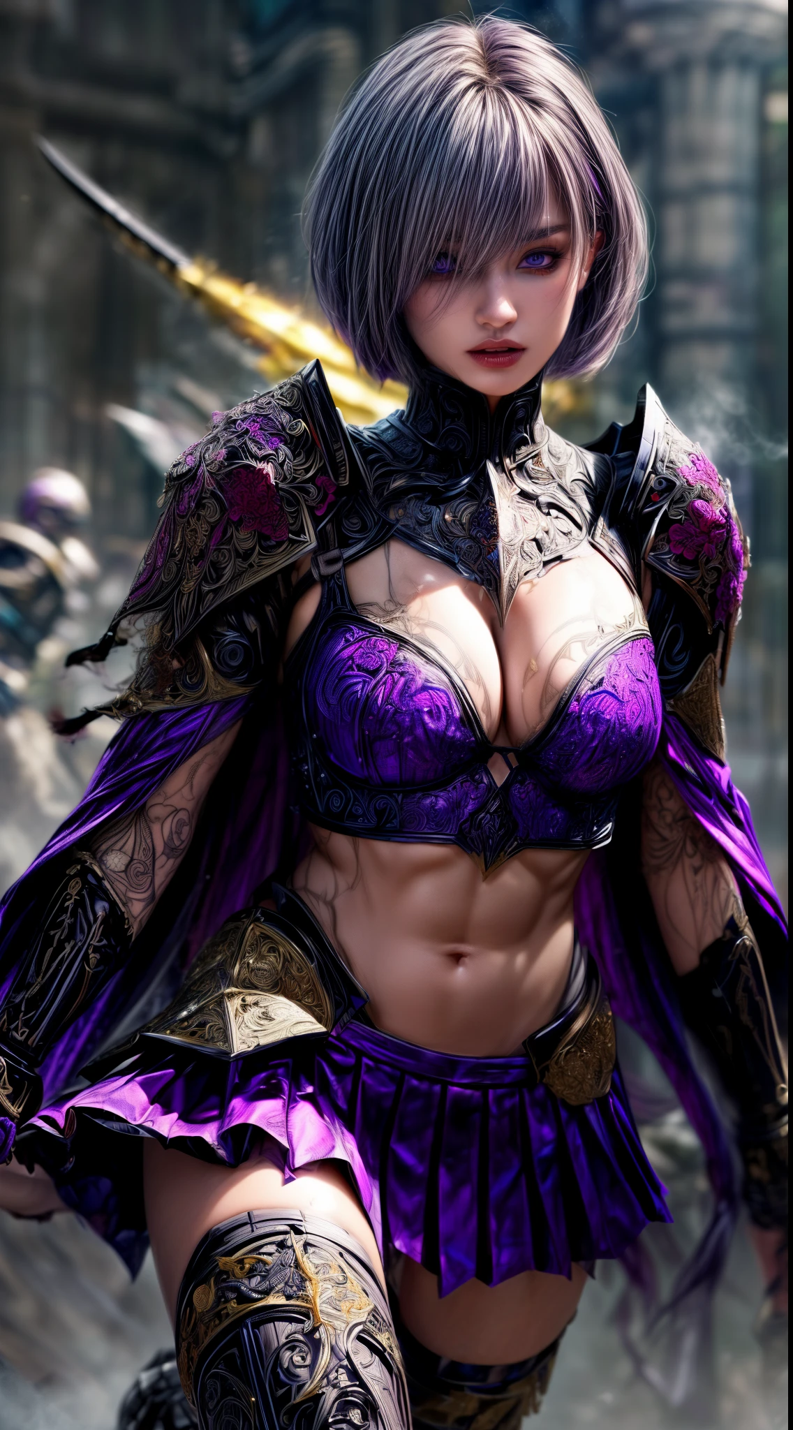 Very beautiful woman、Slender women、(Detailed face)、Grin、Realistic Skin、((Dark Knight)), (Dark purple:1.2)、((((Black armor with very fine and intricate decoration:1.5))))、((Delicate photo)),(Girl Astepeace RAW Photo Details:1.25), (highest quality:1.6), (超A high resolution:1.5), (Realistic:1.75), 8K resolution, Canon EOS R5, 50mm, Absurd, Ultra-detailed,Cinema Lighting,((battlefield))、((battle))、(((Dark grey skirt with embellishments)))、Thigh-high socks、Shin Guardulticolored Hair;1.2)、(Gradient Hair:1.2)、((Light gray hair:1.2))、((light purple hair:1.2))、((Pixie Cut:1.2))、(I can see your ripped abs)、Cape、Beautiful Armor、(((Has a huge weapon)))、(In combat)、((Armor with a bizarre and ugly design))、((((Purple Mist))))、(((Leading a large group of knights:1.2)))、Purple military flag、Tarantula-inspired armor、(((Battle Scene)))、(((Purple Tarantula)))、((Dark circles under the eyes))、((eye shadow))