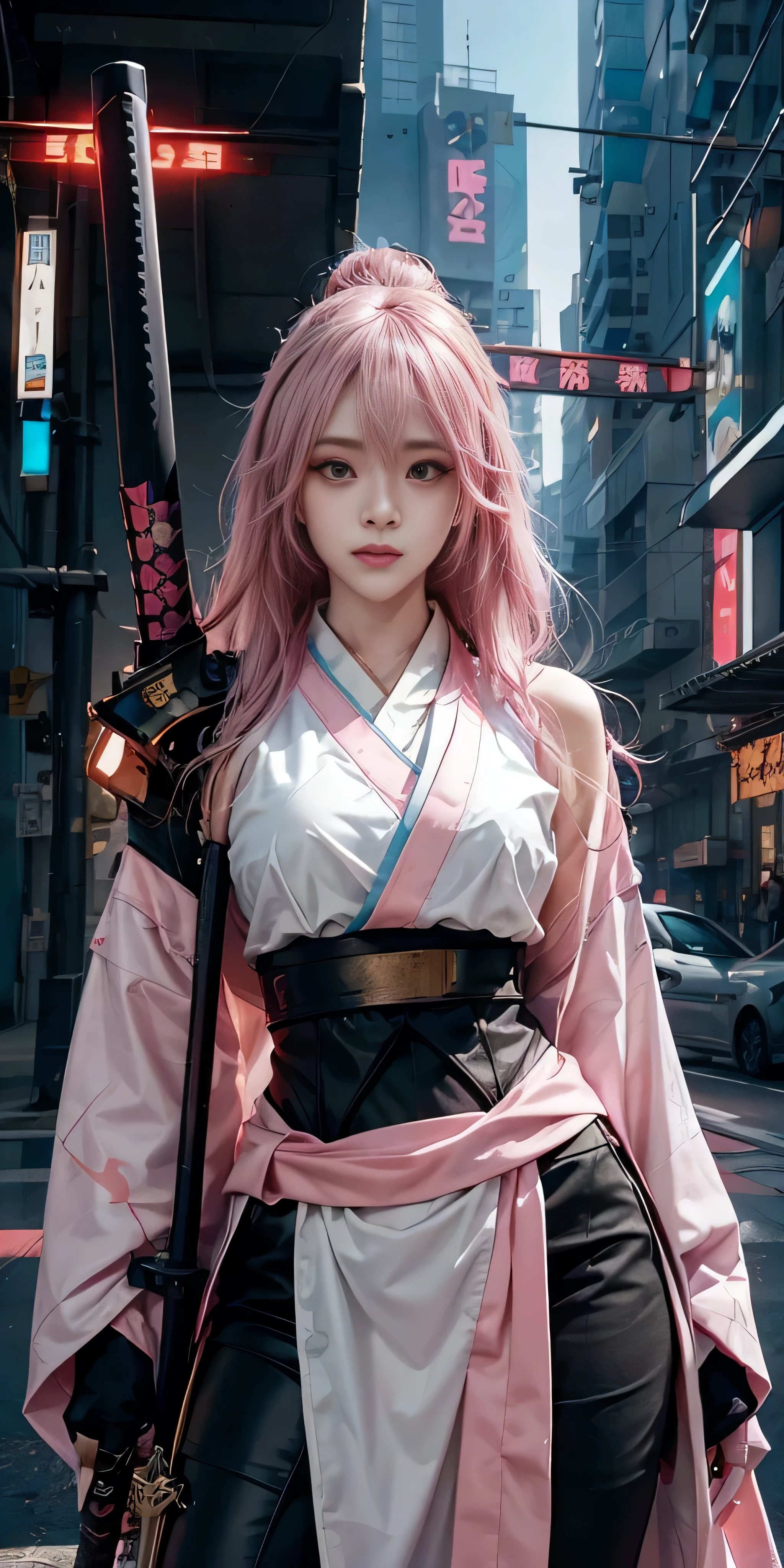 arafed woman in a pink kimono with a sword in a city, very beautiful cyberpunk samurai, anime girl cosplay, anime cosplay, anime style mixed with fujifilm, haruno sakura, anime inspired, anime girl in real life, anime style. 8k, cosplay, anime style 4 k, female cyberpunk anime girl, cyberpunk anime girl, wearing japanese techwear