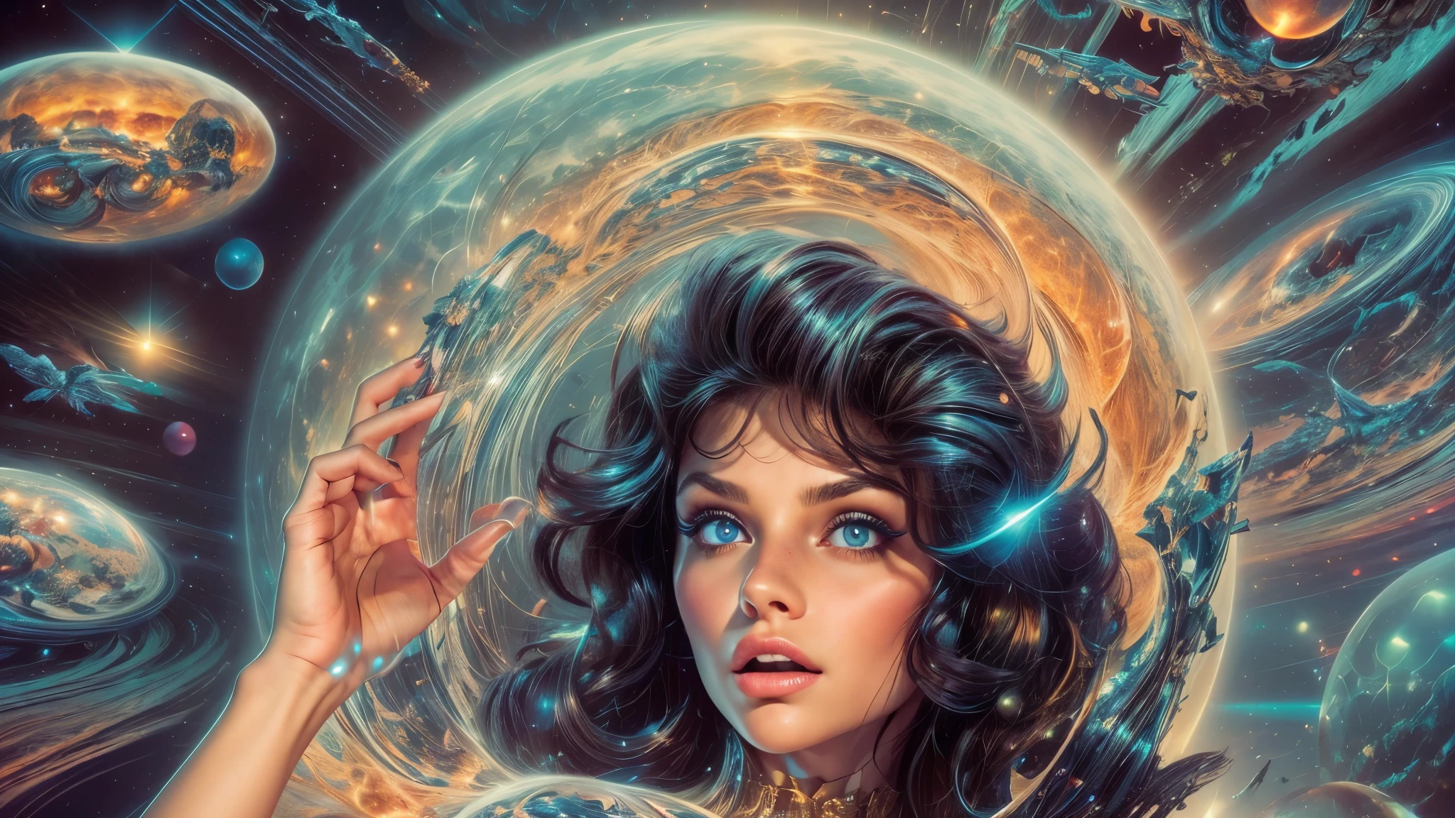 Sci-fi magazine cover by Lou Cameron, outer spaces, planets, stars, rockets, flying saucers, aliens, Lazer guns, Lazer beams, (beautiful woman, detailed hands, detailed eyes, worried expression),