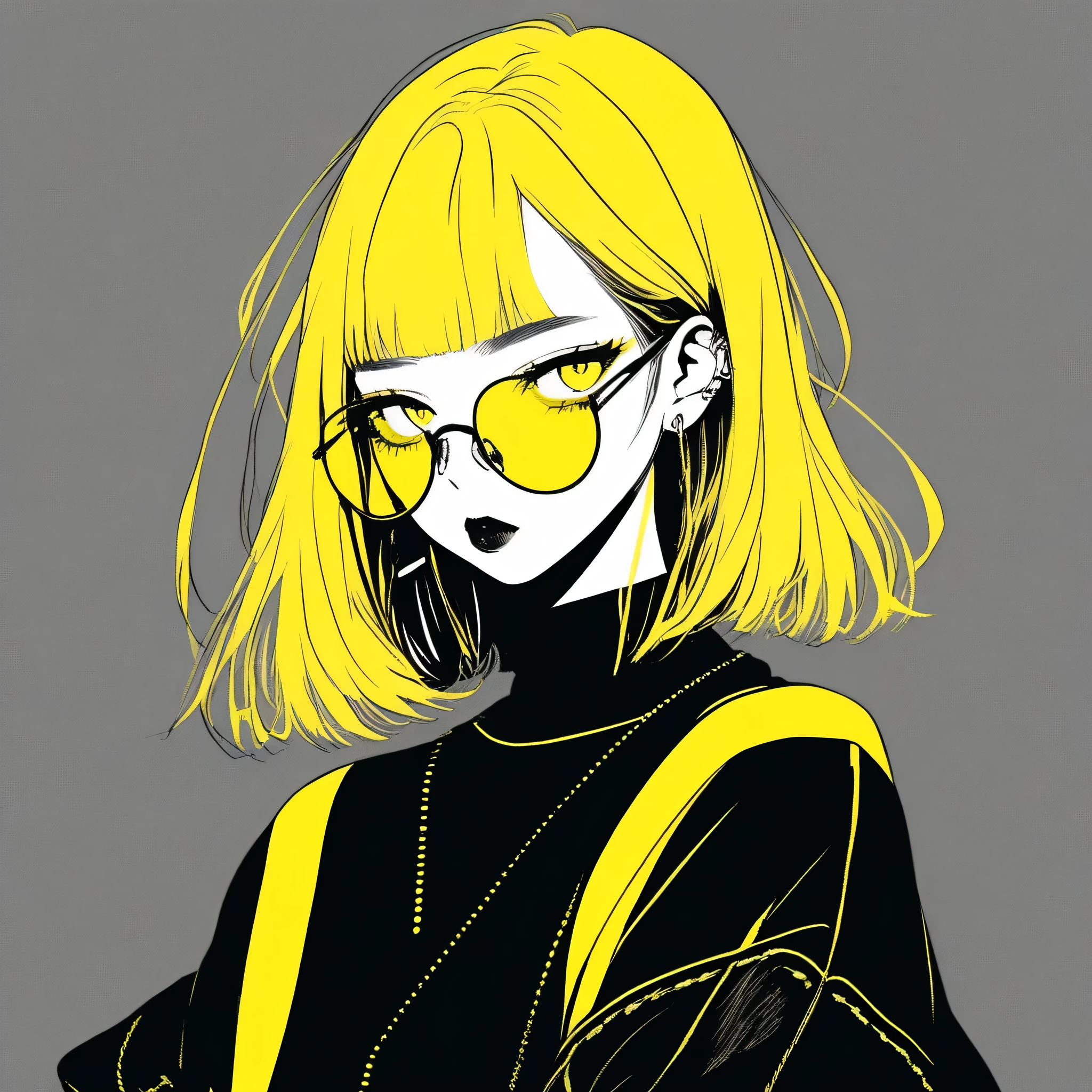 (highest quality, sketch:1.2), Light monochrome background, anime,Illustrator,anime,1 girl, Detailed lips,sweater,custom,background completely black, Neon Hair,Texture Cropping,Canadian, masterpiece, Style: Retro Classic, Dark Black, art, sketch book, (Bob hair yellow:1.35, black:1.55), bad woman 、Yellow Background