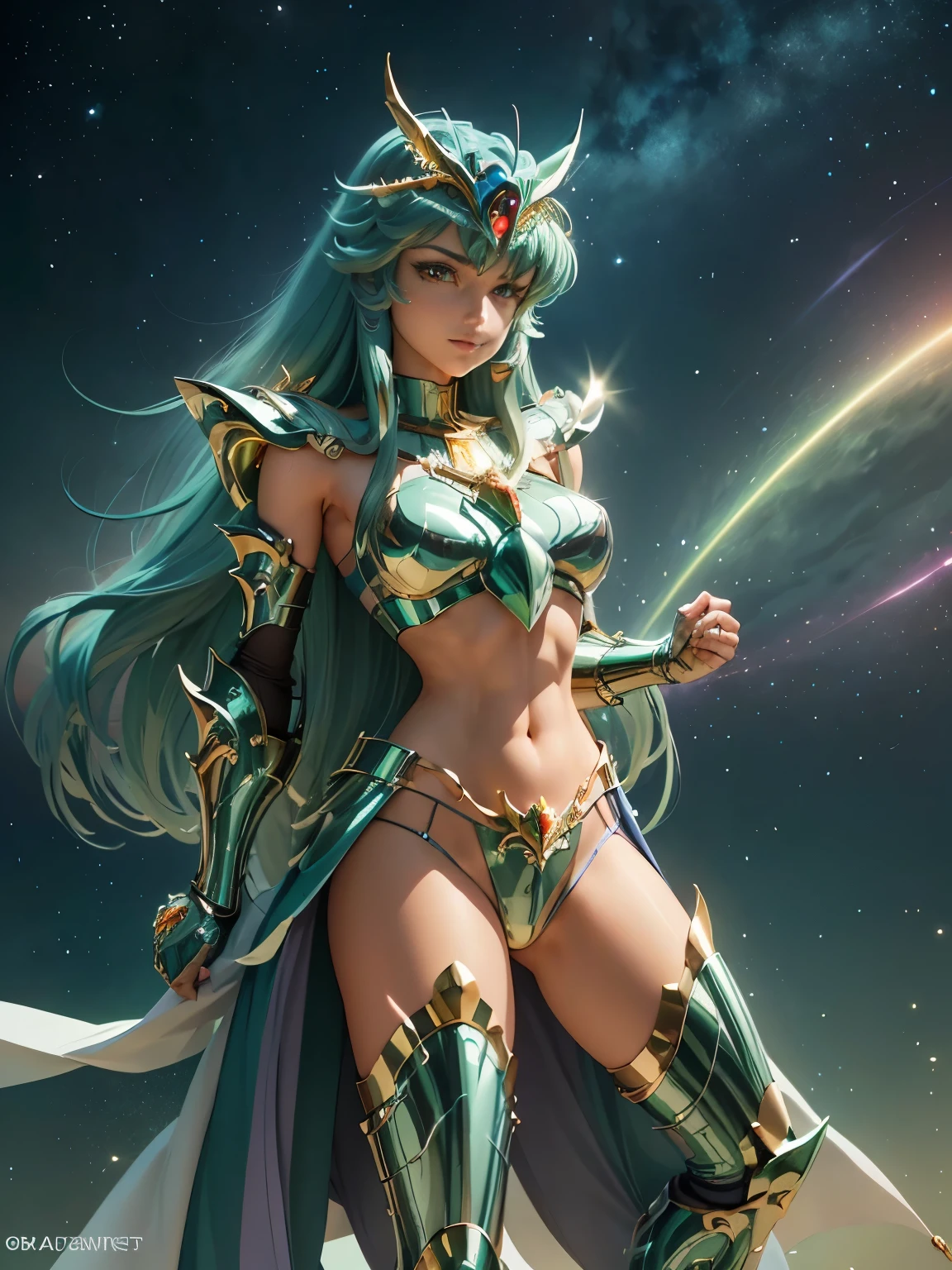 Ultra-high saturation,(tmasterpiece), fully body photo,(best qualtiy), (1girll), starryskybackground,Wearing shiny gold armor, very sexy lingerie type armor,Expose your chest,Expose the waistline,Exposing thighs,cool-pose, Saint Seiya Armor, messy hair,high detal, Anime style, Cinematic lighting, Sparkle, god light, Ray tracing, filmgrain, hyper HD, textureskin, super detailing, Anatomical correct, A high resolution,Ultra-high saturation,hight contrast,High-gloss green armor,Smooth skin,Serious expressions,dragon lighting at background