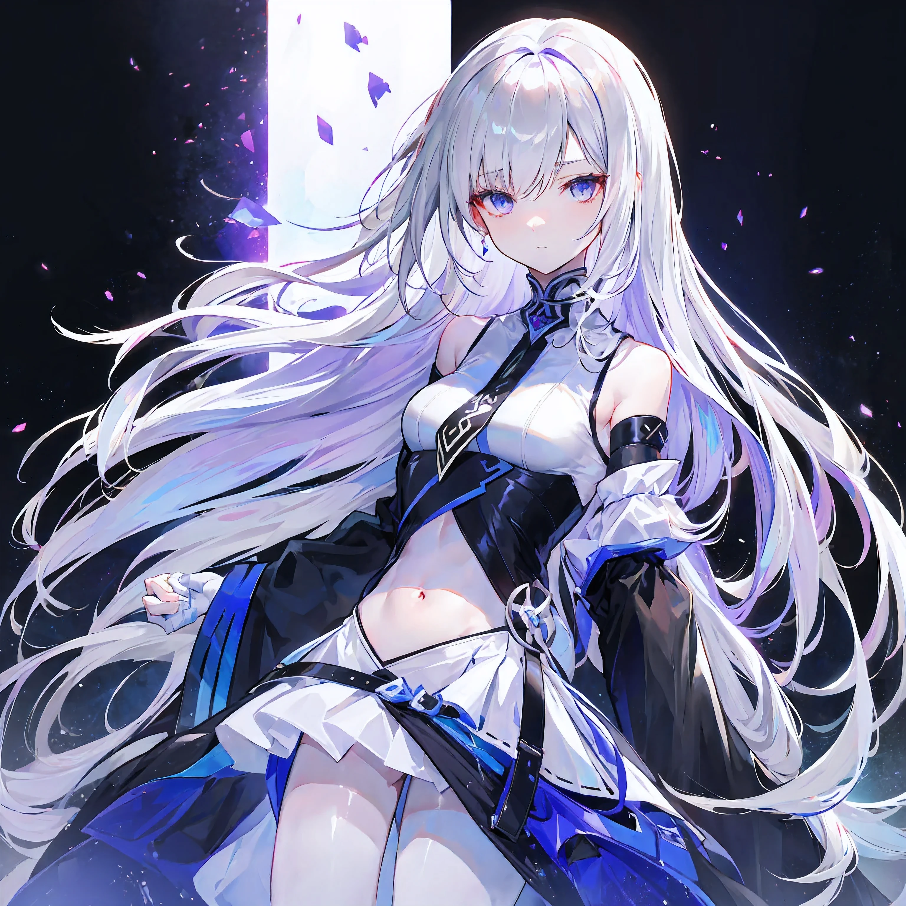 Light purple gradient hair,asymmetrical hair,（（Thick hair 1.8，Clear head outline 1.6））， Shoulder-length hair, messy hair, Very long hair, shiny hair，(long gray hair:1.2),A beautiful girl，（White school uniform, Black skirt，Navel，Bare shoulders，Blue tie）(Separate sleeves,Wide sleeves),(Fingerless gloves)，（Transparent clothes transparent 1.8），Perfect body，，(Looks sad，Looks haggard ，Grief，shut your mouth：1.2） With dark forest background，，Upper body photo。（avatar）