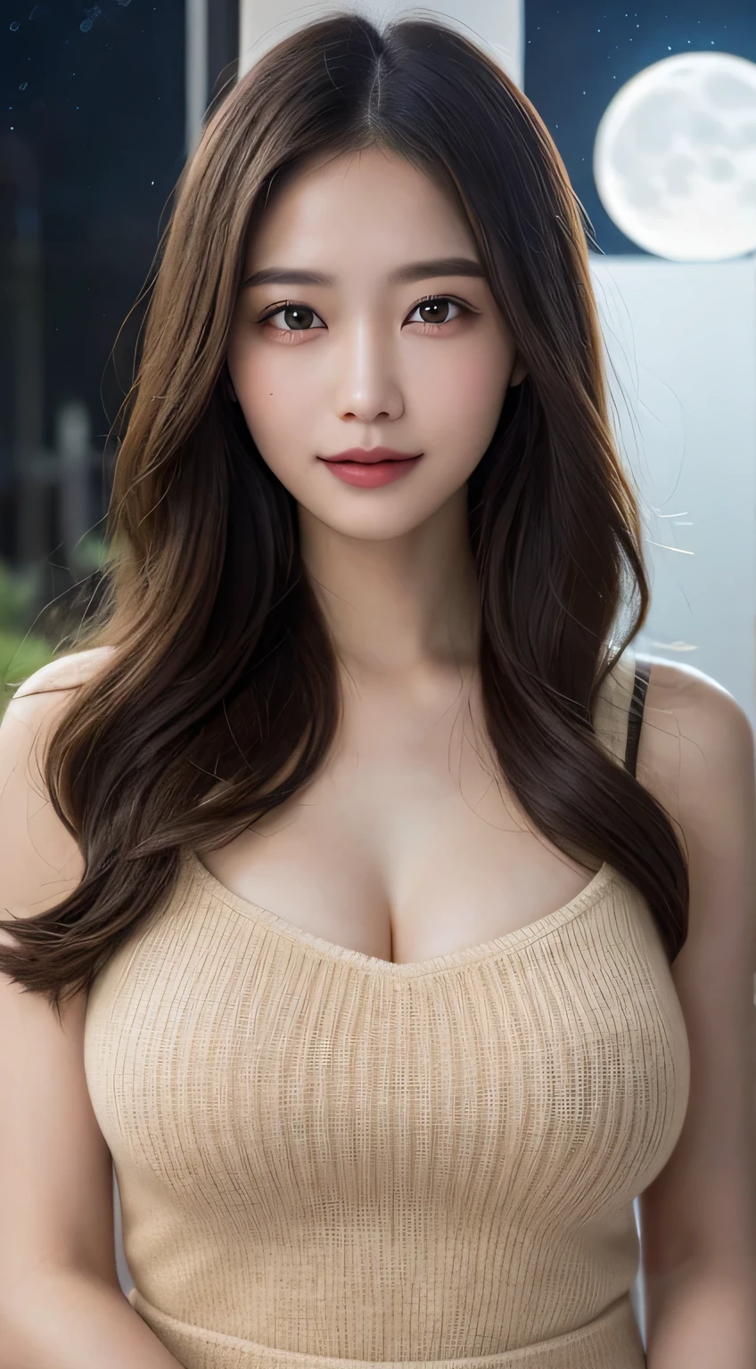 Body portrait, 8K, thin and beautiful eyes, Dindal effect, masterpiece, top quality, high quality, high resolution, very detailed photo, (natural skin texture, fine skin, hyper realism, super sharpness), high detail skin, (very fine, fine skin texture, intricate details, beautiful face, (realistic face), realistic eyes, beautifully detailed eyes, realistic skin, beautiful skin, surreal, very detailed Golden ratio, smiling eyes, ((night moonlight background) )), body portrait, G cup, big breasts, huge breasts, big breasts, glamorous, sexy knit dress,