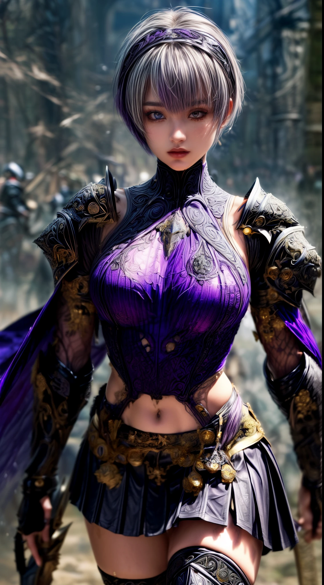 Very beautiful woman、Slender women、(Detailed face)、Grin、Realistic Skin、((Dark Knight)), (Dark purple:1.2)、((((Black armor with very fine and intricate decoration:1.5))))、((Delicate photo)),(Girl Astepeace RAW Photo Details:1.25), (highest quality:1.6), (超A high resolution:1.5), (Realistic:1.75), 8K resolution, Canon EOS R5, 50mm, Absurd, Ultra-detailed,Cinema Lighting,((battlefield))、((battle))、(((Dark grey skirt with embellishments)))、Thigh-high socks、Shin Guardulticolored Hair;1.2)、(Gradient Hair:1.2)、((Light gray hair:1.2))、((light purple hair:1.2))、((Pixie Cut:1.2))、(I can see your ripped abs)、Cape、Beautiful Armor、(((Has a huge weapon)))、(In combat)、((Armor with a bizarre and ugly design))、((((Purple Mist))))、(((Leading a large group of knights:1.2)))、Purple military flag、Tarantula-inspired armor、(((Battle Scene)))、(((Purple Tarantula)))、((Dark circles under the eyes))、((eye shadow))