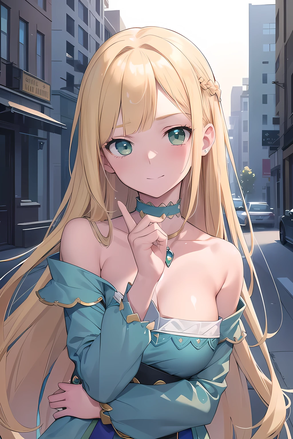 Blonde Hair, choker, (Green Eyes:1.5), Long Hair,
break bare shoulders, Blue footwear, blush, blush stickers, Cleavage, clavicle, Duel Monsters, have, Off the shoulder, Pentacles, wizard have, (Blue clothes:1.5),make smile,
break looking at viewer,
break outdoors, city,
break (masterpiece:1.2), highest quality, High resolution, unity 8k wallpaper, (shape:0.8), (Beautiful details:1.6), Highly detailed face, Perfect lighting, Extremely detailed CG, (Perfect hands, Perfect Anatomy),